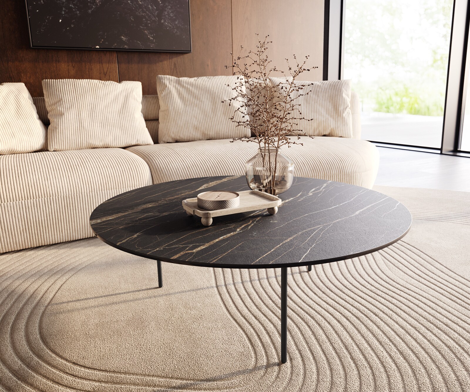 Table basse Edge rond 100x100 cm céramique Laminam® Noir Desir brun Trive métal noir 1