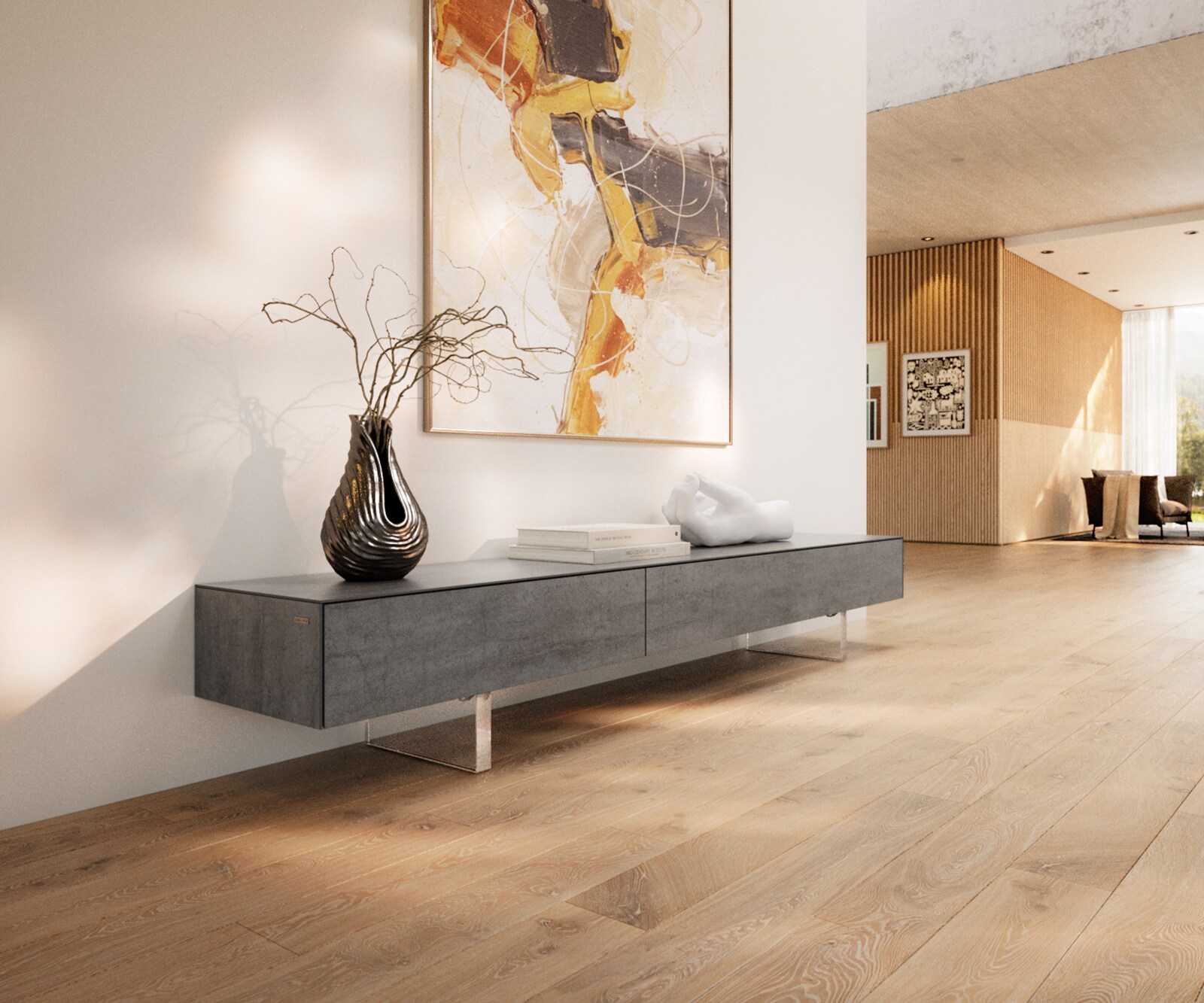 Meuble-TV Cuor 200 cm Céramique Béton gris 1 Clapet 1 Tiroir Pied optique flottant Verre acrylique