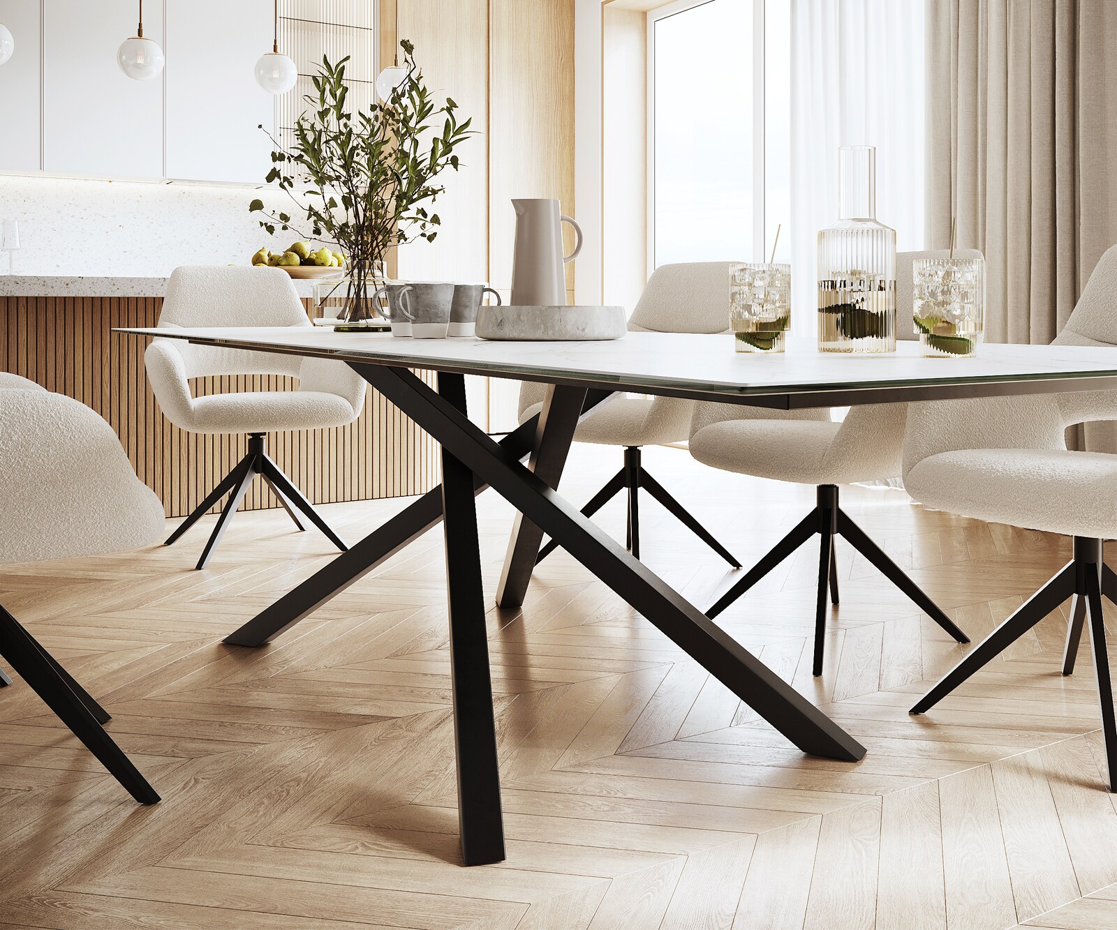 Table-à-manger Edge 300x100cm Laminam® céramique blanc pieds milieu croisé noir 5