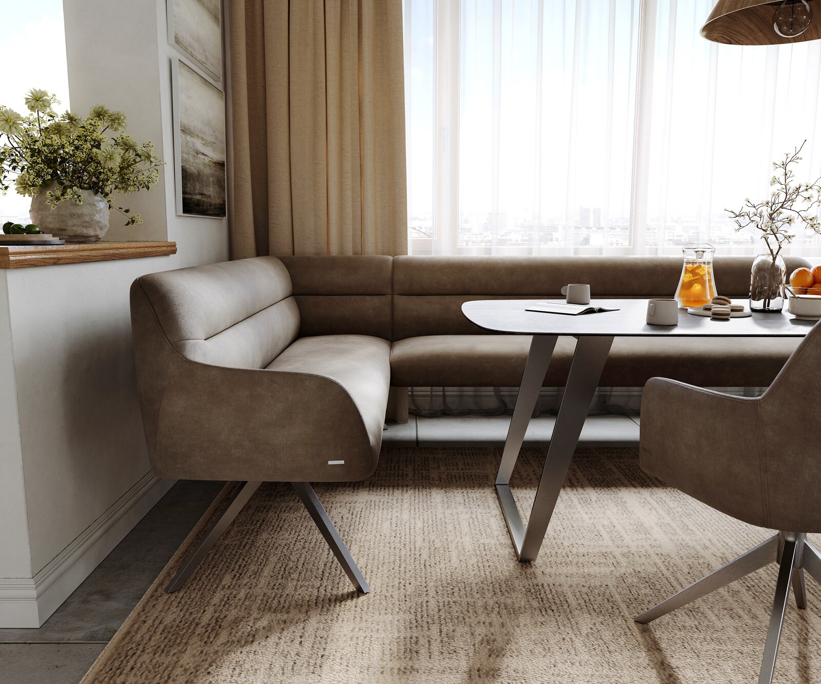 Banc-de-salle-à-manger Taya-Flex 285x190 cm microfibre taupe vintage pied croisé angulaire grafiete ressort ensaché à droite 5