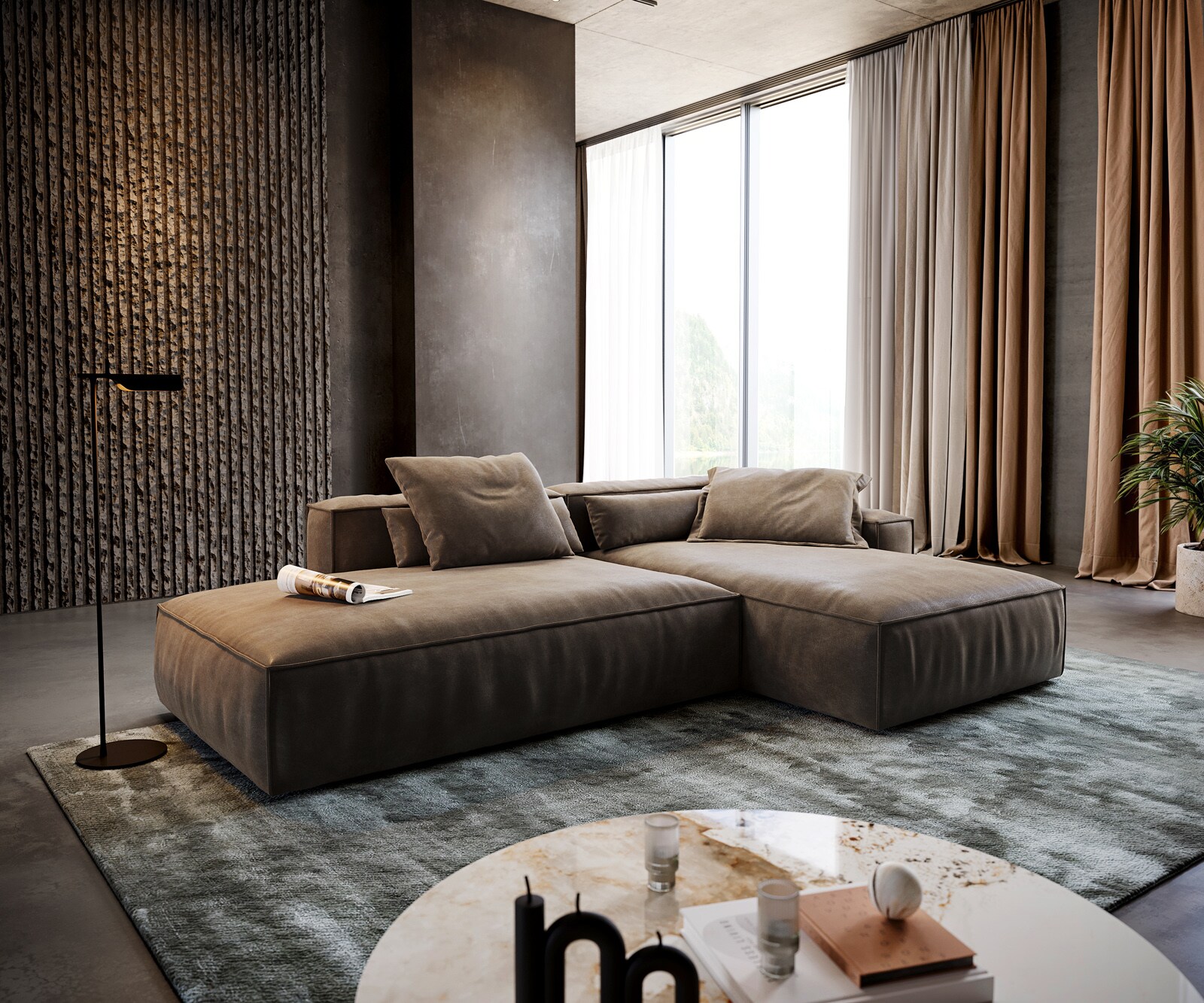 Canapé d'angle Freestyle 310x200 cm Tissu microfibre Taupe Vintage couture passepoilée