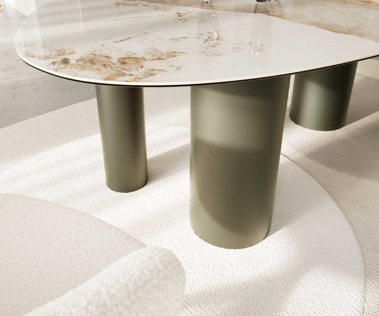 Table à manger Edge Oval 220x120 Céramique Minas Melange Blanc-Beige Pilier Métal Effet Titane 5