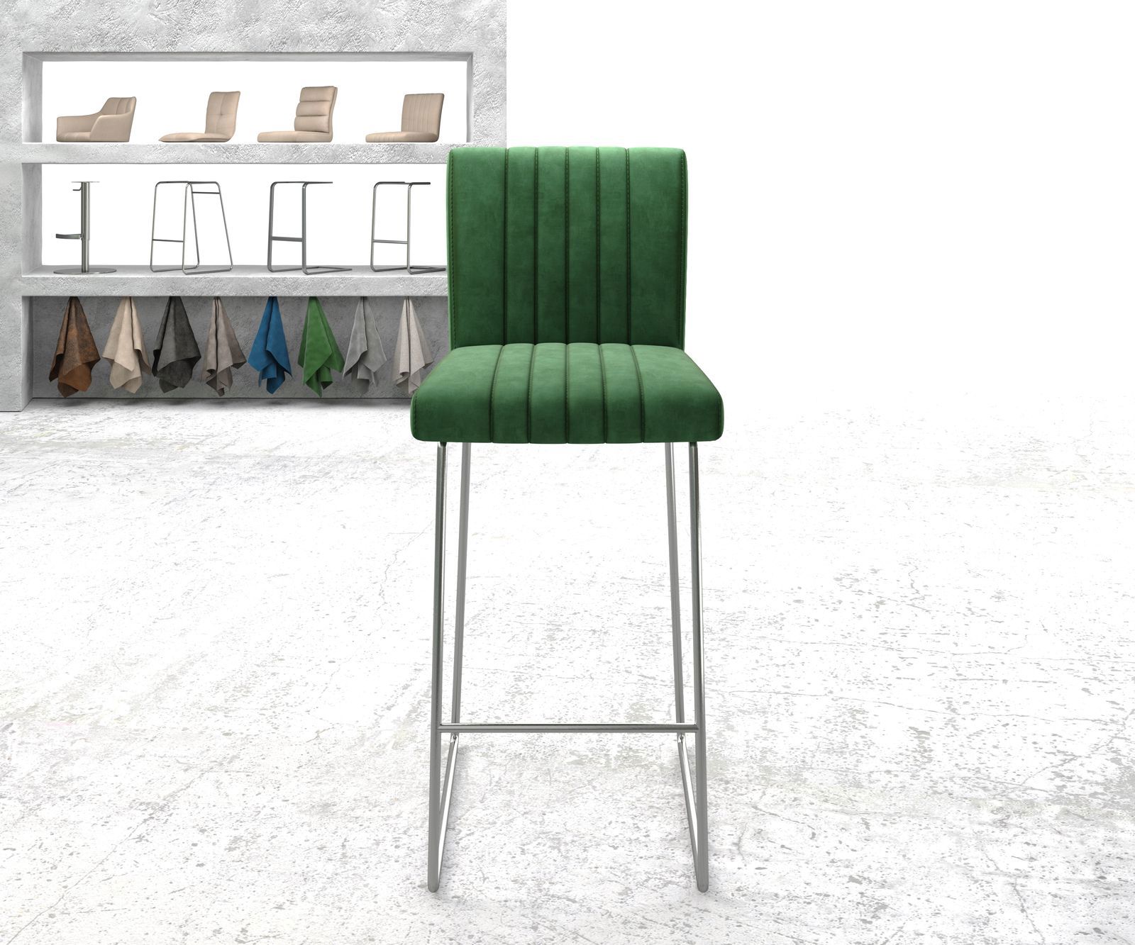 Chaise-de-bar Luiga-Flex velours vert cadre de patins acier inoxydable 1