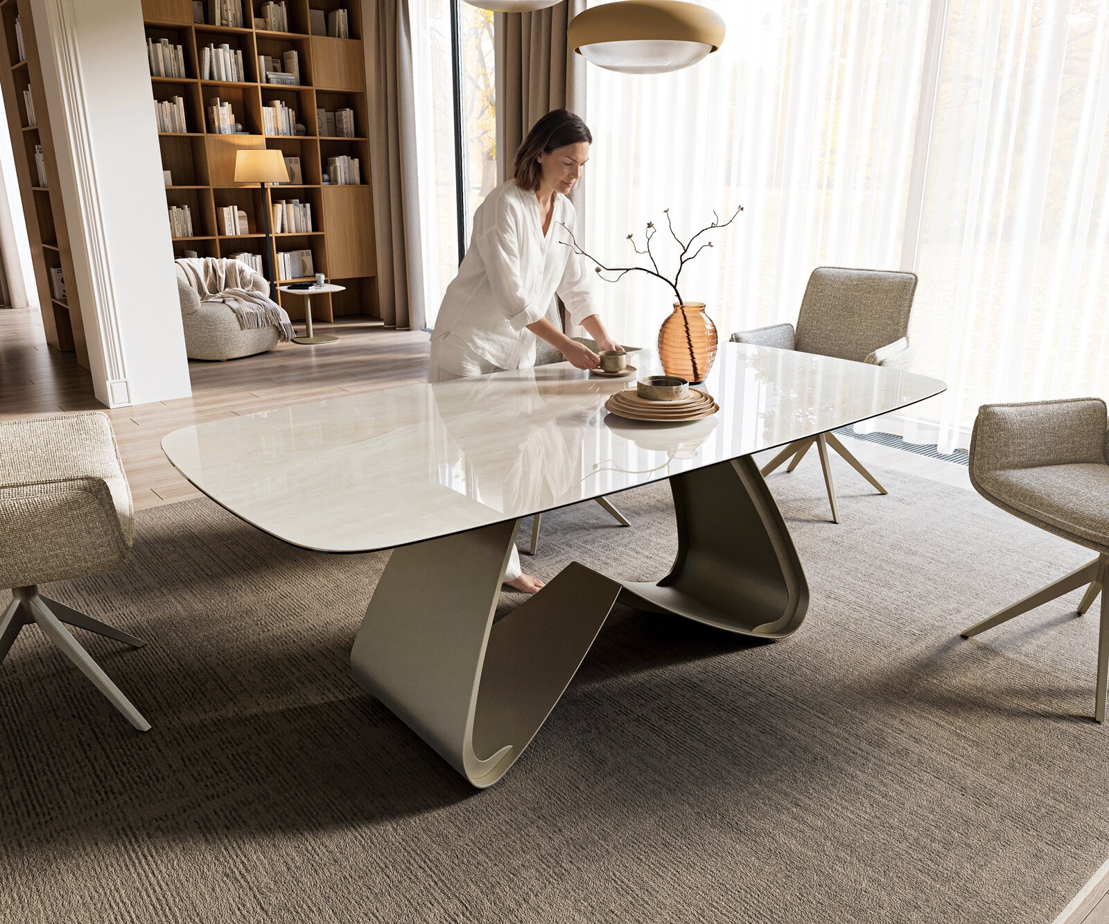 Table à manger Edge bateau 200x100 cm céramique Onyx Champagne piètement en W métal finition effet titane 1