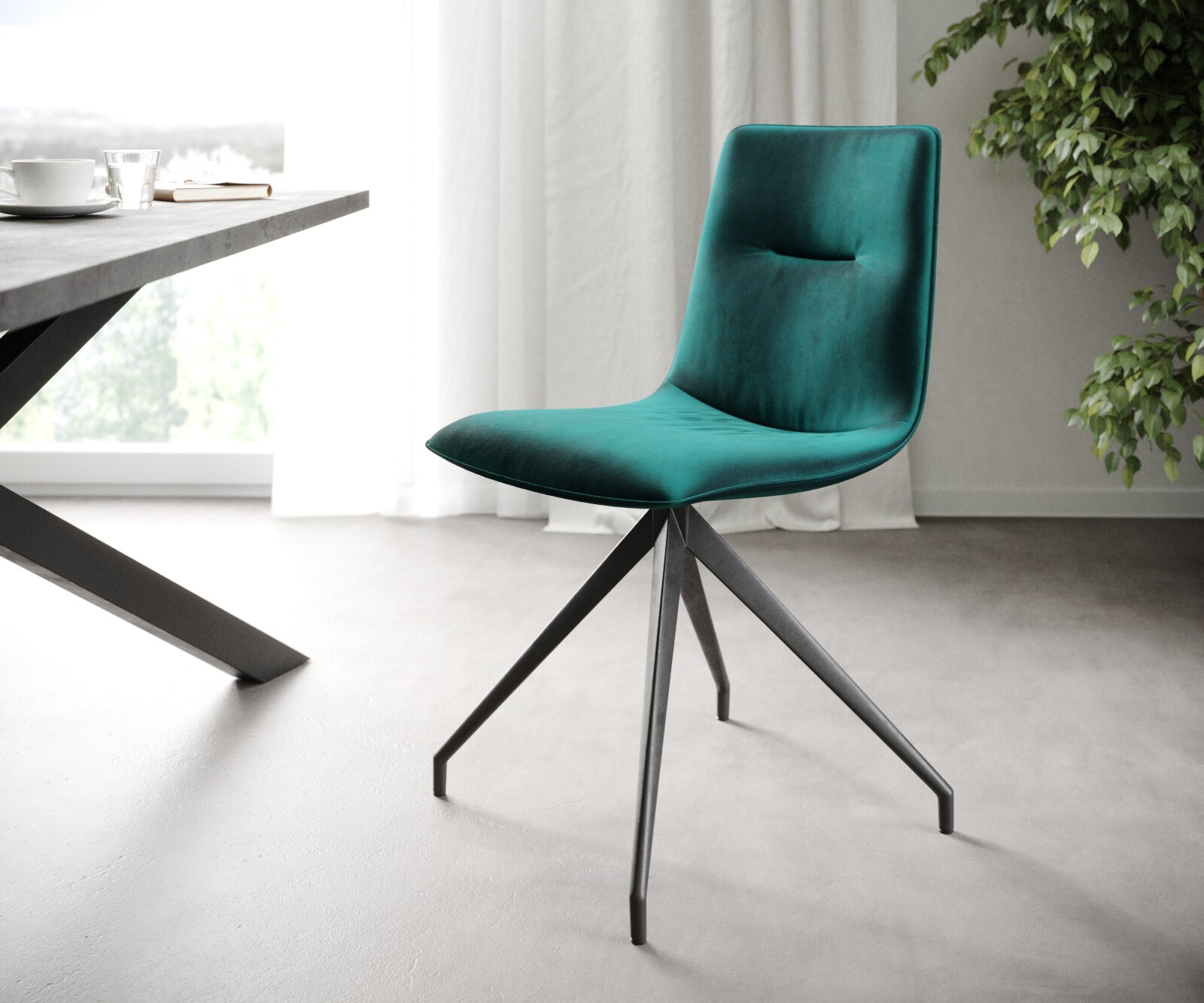 Pia-Adesso eetset van 4 stoelen in lichtgrijs fluweel met kegelvormige kruisstructuur 1