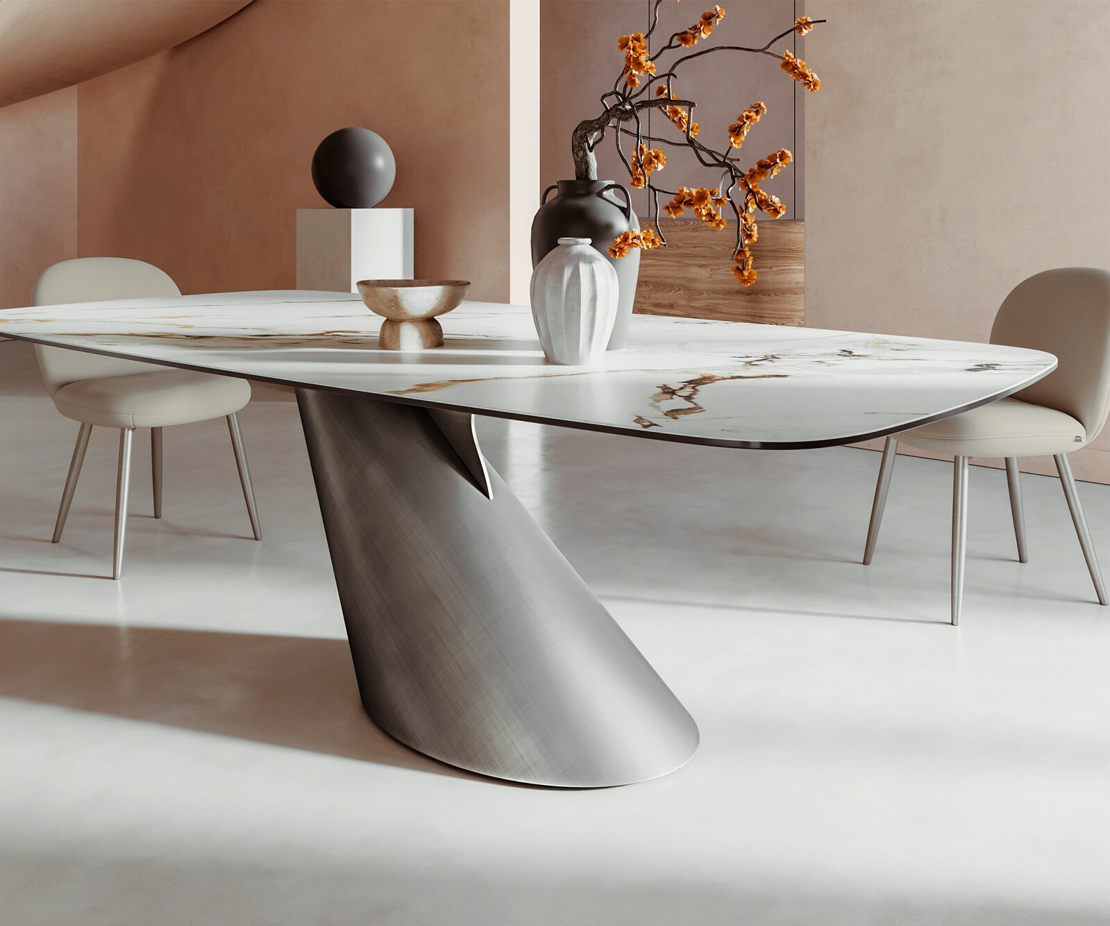 Table à manger Edge Boot 240x120 céramique Calacatta Luxe blanc-doré-gris Cono métallique argent 6