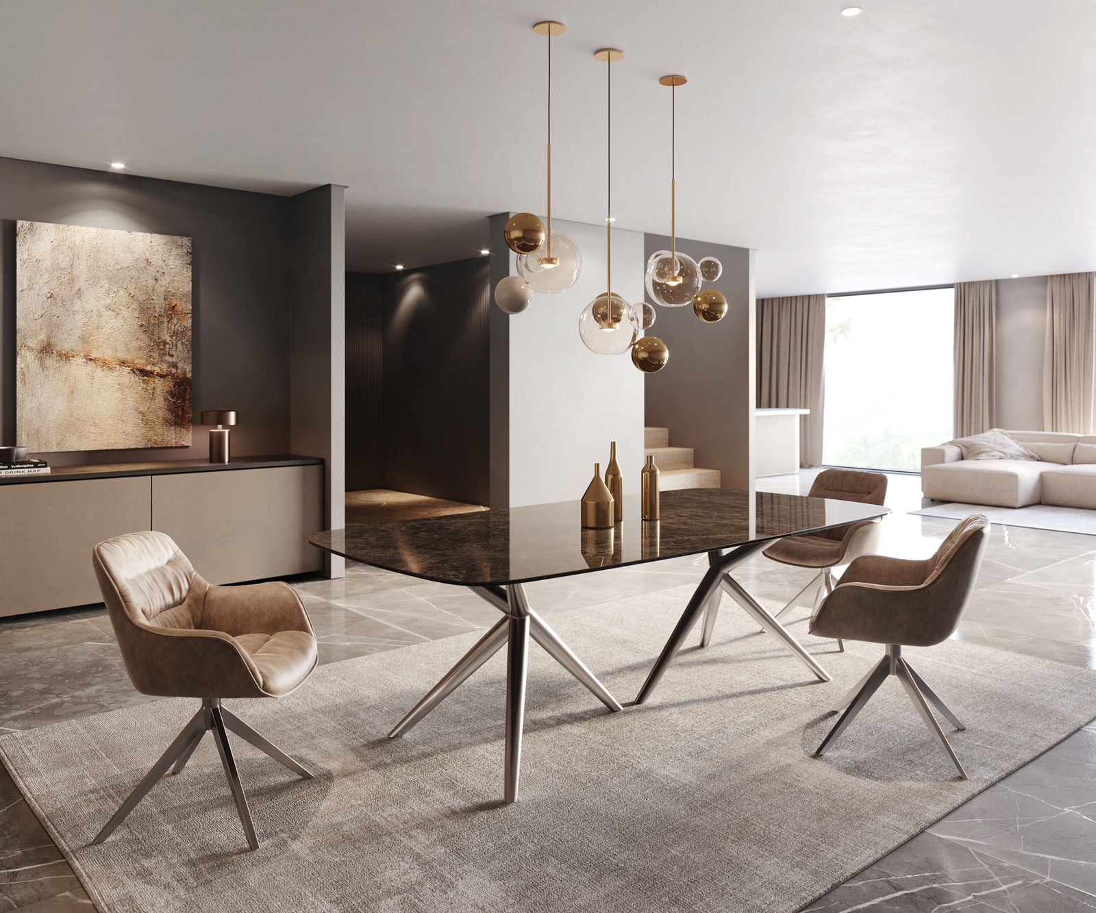 Table à manger Edge Boot 240x120 Laminam® Emperador Extra Lucidato Marron foncé Estelar rond Acier inoxydable 6