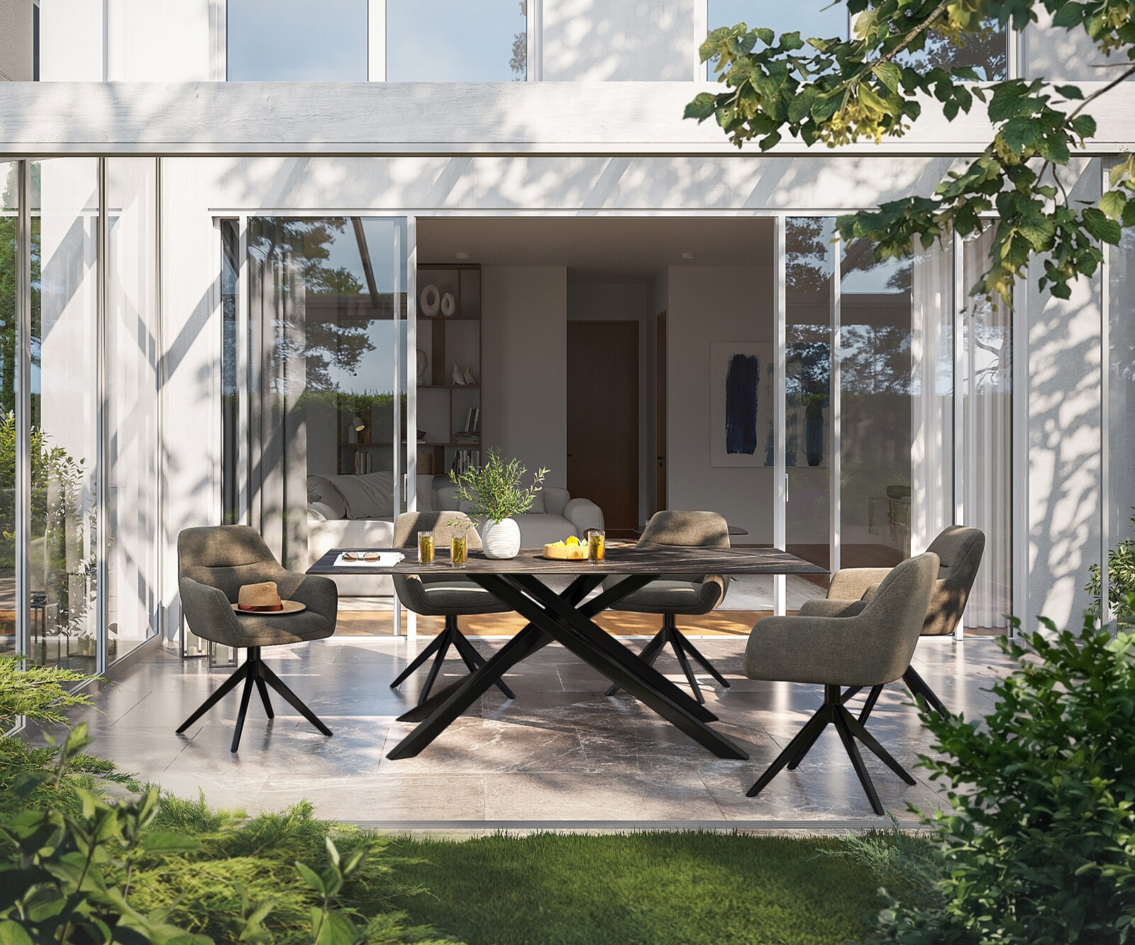 Table d’extérieur Edge 200x100 cm céramique Laminam® Noir Desir brun piètement croisé rectangulaire noir 4