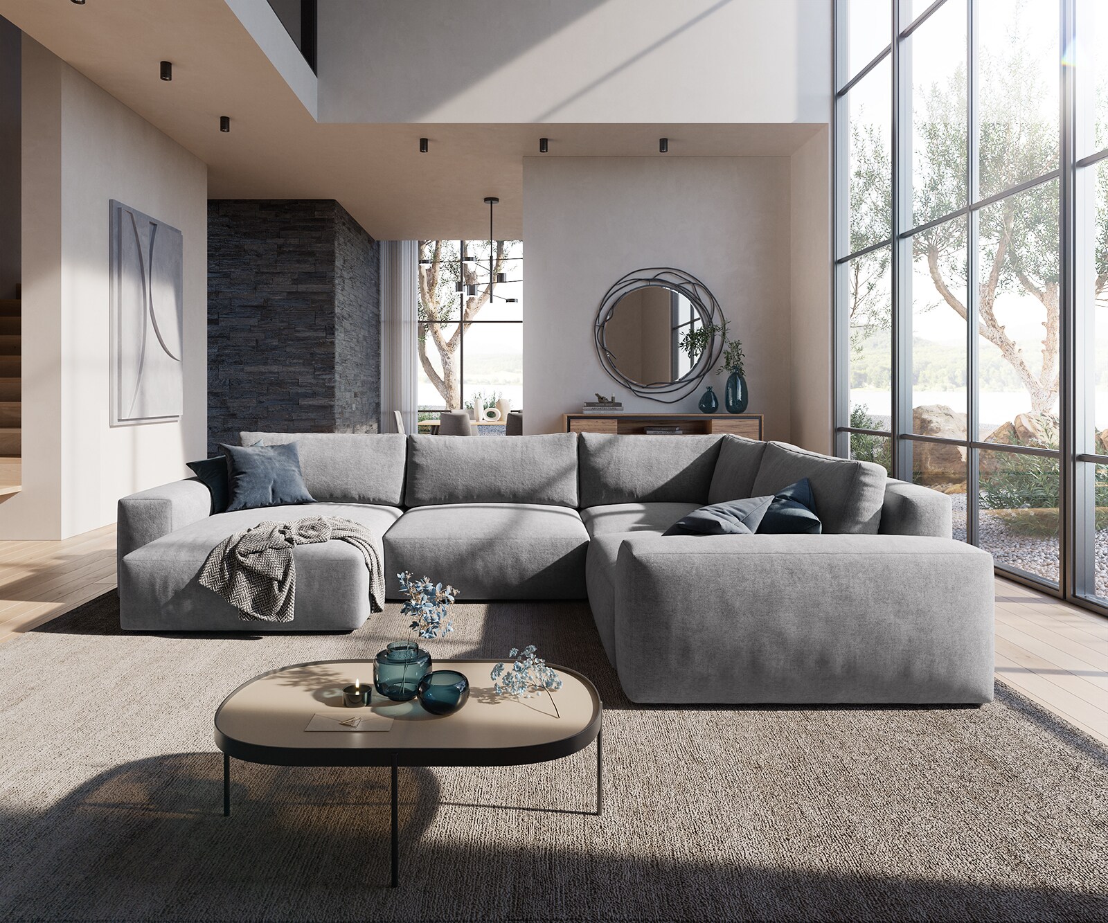 Canapé panoramique Lanzo XL 360x260 cm Microfibre Gris Recamière variable 1 Canapé panoramique Lanzo XL 360x260 cm Microfibre Gris Recamière variable 1