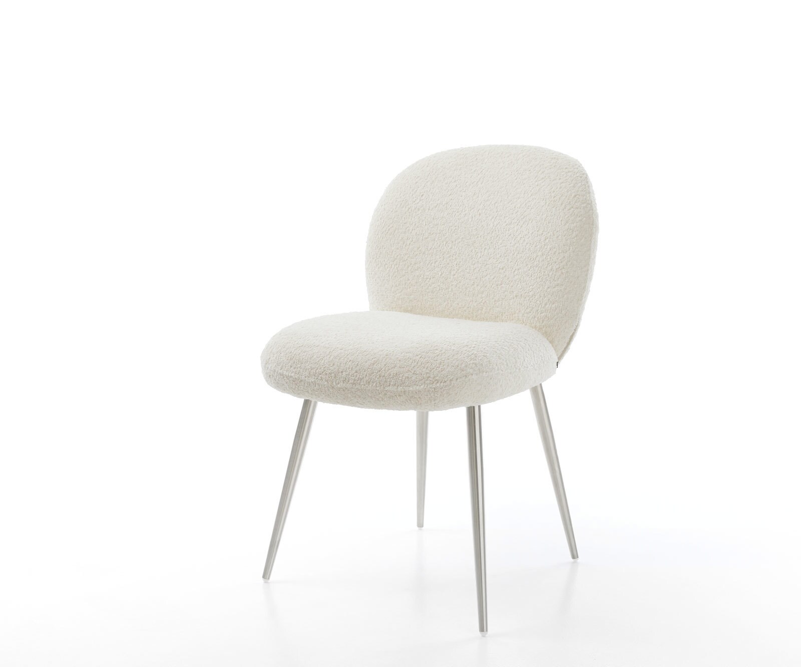 Chaise-de-salle-à-manger Nube-Flex bouclé blanc 4 pieds coniques acier inoxydable brossé ressorts ensachés