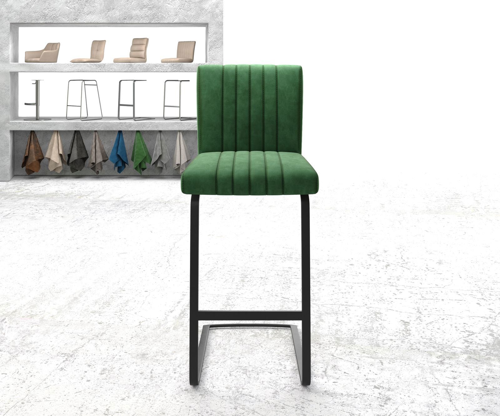 Chaise-de-bar Luiga-Flex velours vert chaise cantilever métal plat 1 Chaise-de-bar Luiga-Flex velours vert chaise cantilever métal plat 1