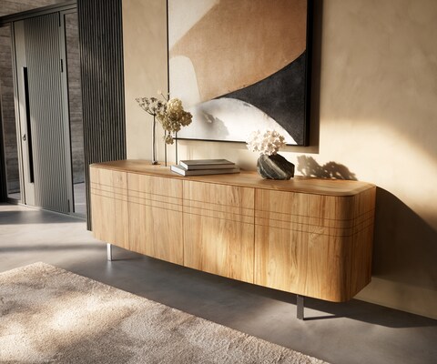 Buffet Nagaru 200 cm en acacia Aura 4 portes, pied en L en acier inoxydable brossé