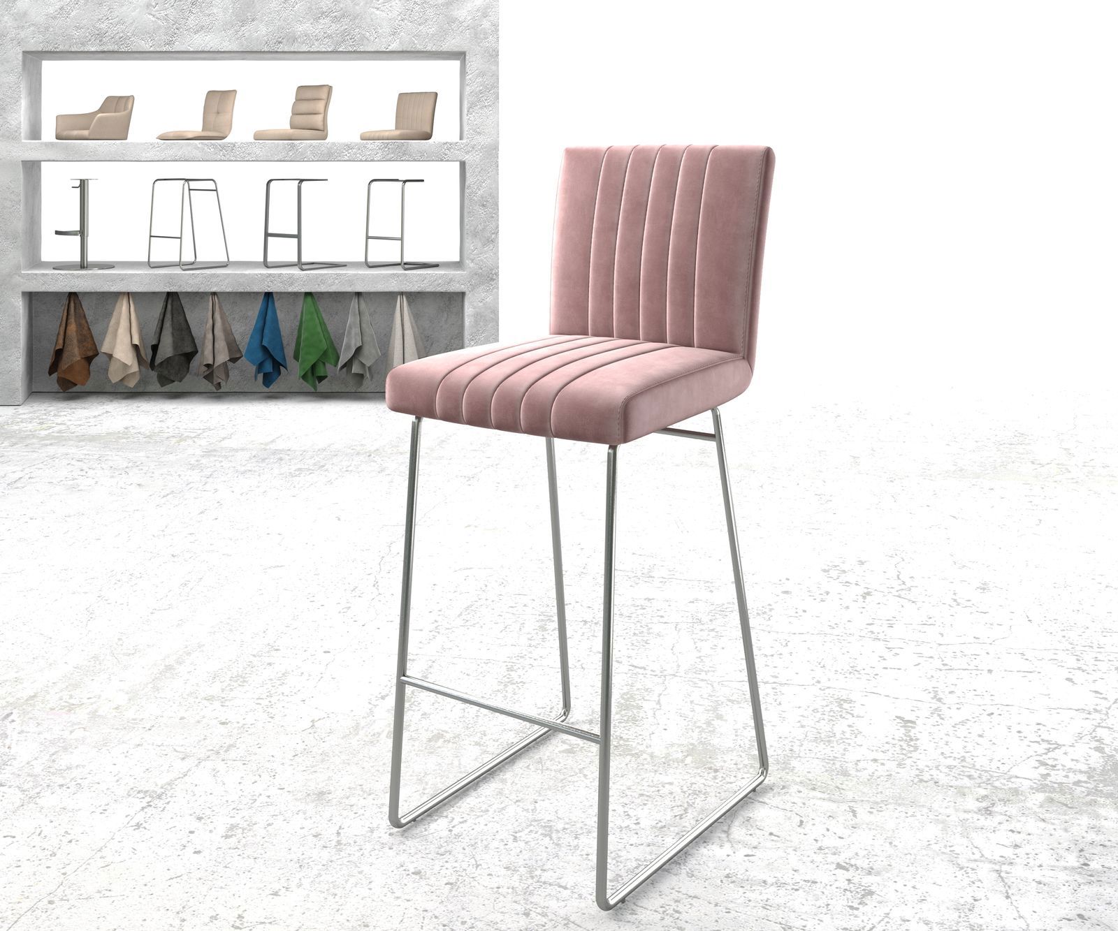 Chaise-de-bar Luiga-Flex velours rosé cadre de patins acier inoxydable