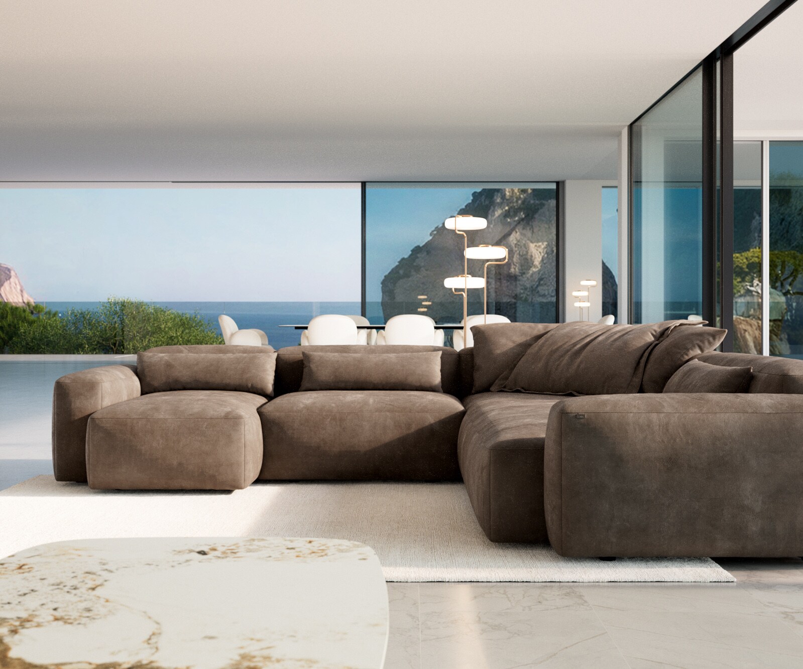 Canapé panoramique Freestyle 360x290 cm Tissu microfibre Taupe Vintage couture plate 1