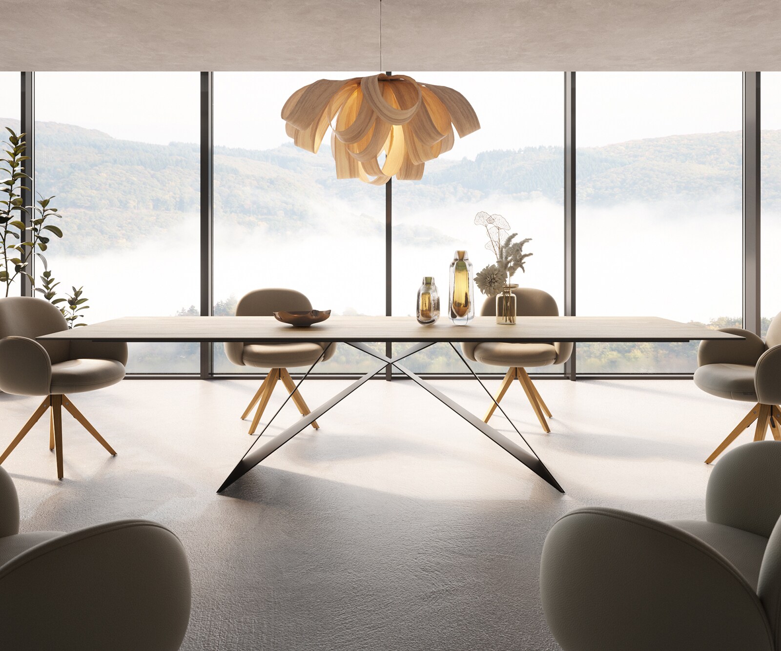 Table à manger Edge 300x100 céramique Laminam® Sabbia couleur chêne cadre en V acier plat noir 1