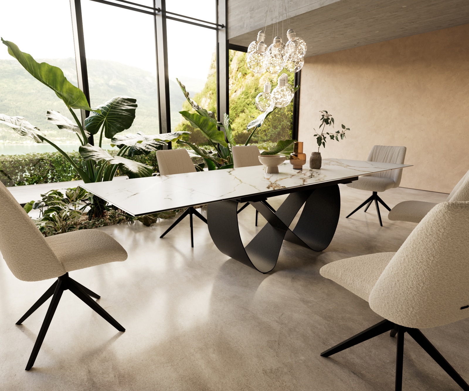 Table à manger Edge 200-300x100 cm Céramique Calacatta Luxe Blanc-Or-Gris Infinity Métal Noir extensible 1