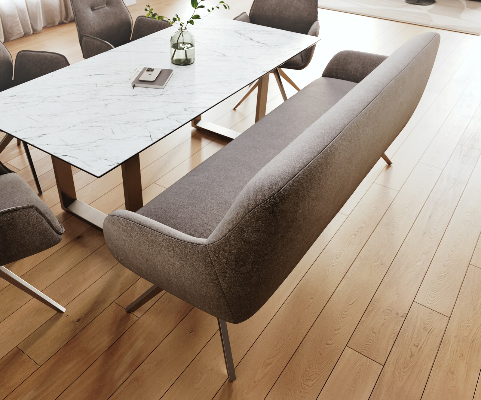 Banc-de-salle-à-manger Taya-Flex 200 cm tissu structuré doux taupe pied croisé angulaire acier inoxydable ressort ensaché 3