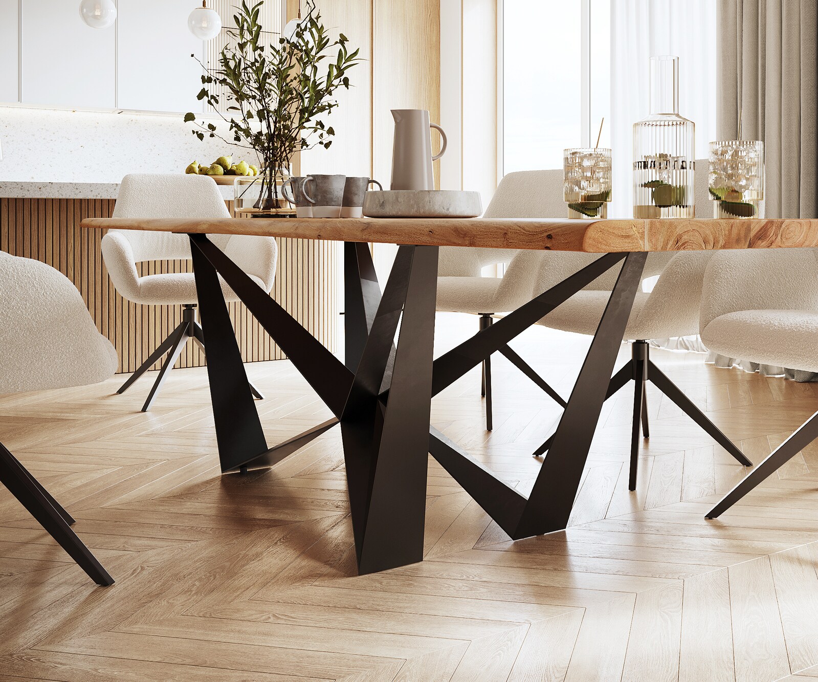 Table à manger Edge 300x100 acacia nature Spider acier plat noir Live-Edge 4