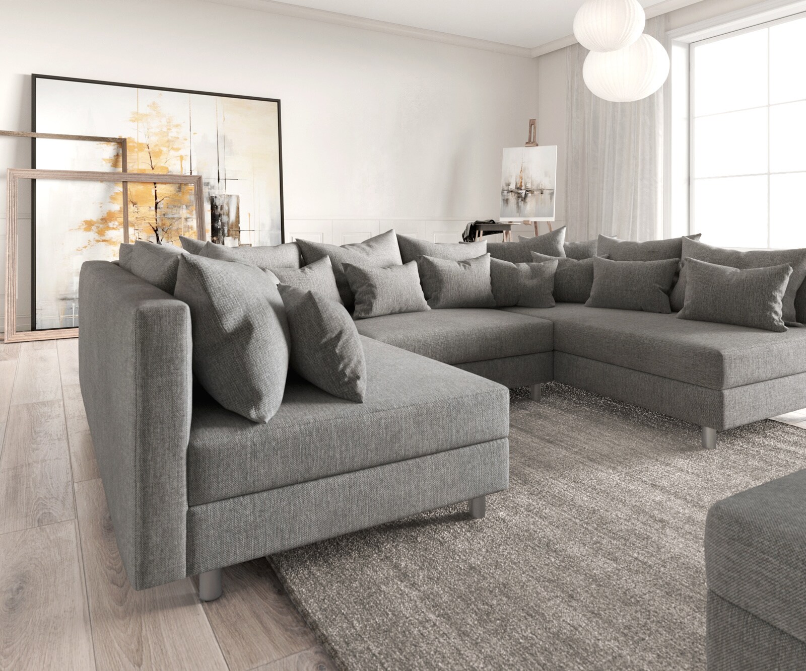 Canapé-panoramique modulable Clovis gris salon tissu plat tabouret   6 Canapé-panoramique modulable Clovis gris salon tissu plat tabouret   6