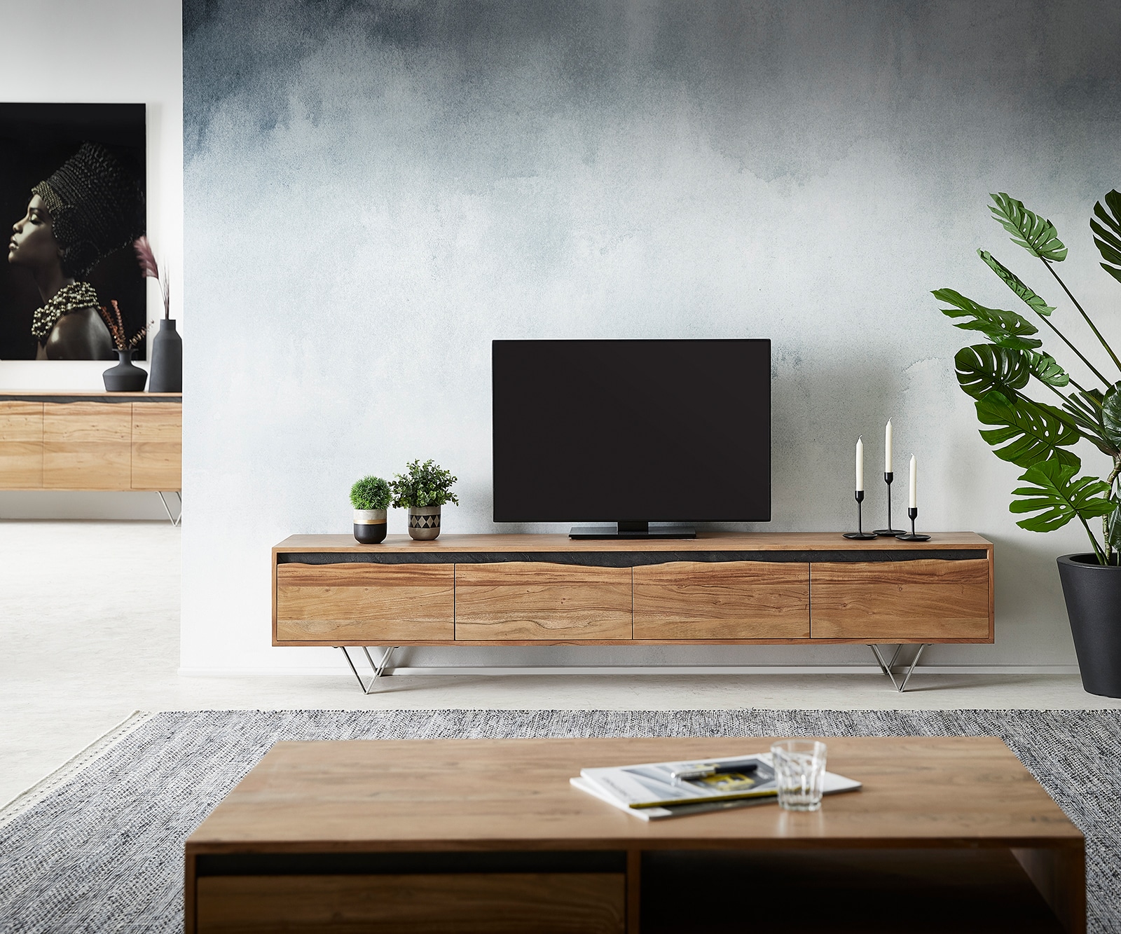 Meuble-TV Stonegrace 220x35 cm acacia nature 4 portes tronc d'arbre 1 Meuble-TV Stonegrace 220x35 cm acacia nature 4 portes tronc d'arbre 1
