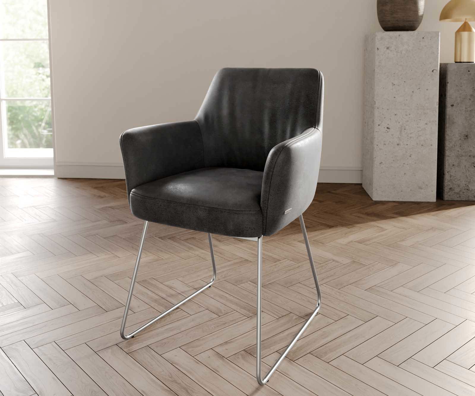 Chaise-de-salle-à-manger Xana-Flex avec accoudoirs microvelours anthracite vintage pied trapèze acier inoxydable brossé ressorts ensachés