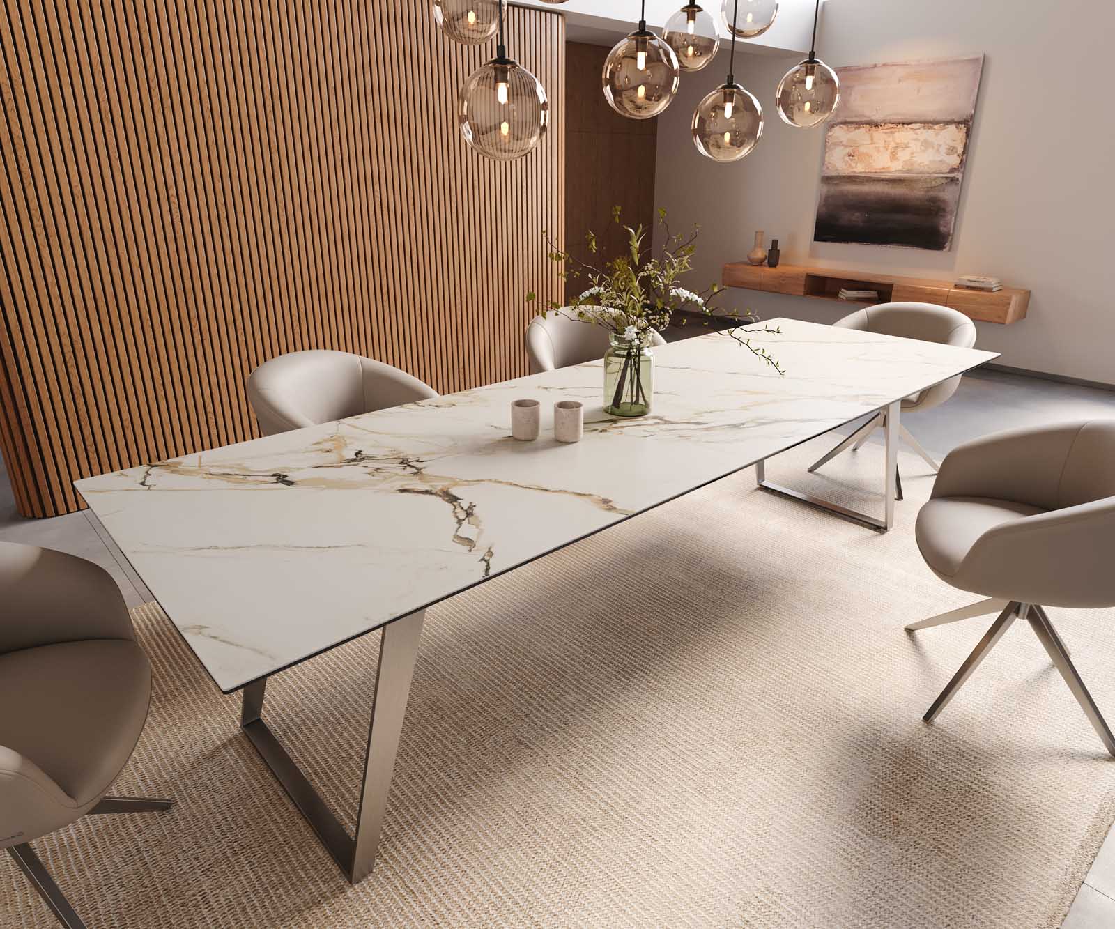 Table à manger Edge 300x100 céramique Calacatta Luxe blanc-doré-gris acier inoxydable incliné Table à manger Edge 300x100 céramique Calacatta Luxe blanc-doré-gris acier inoxydable incliné