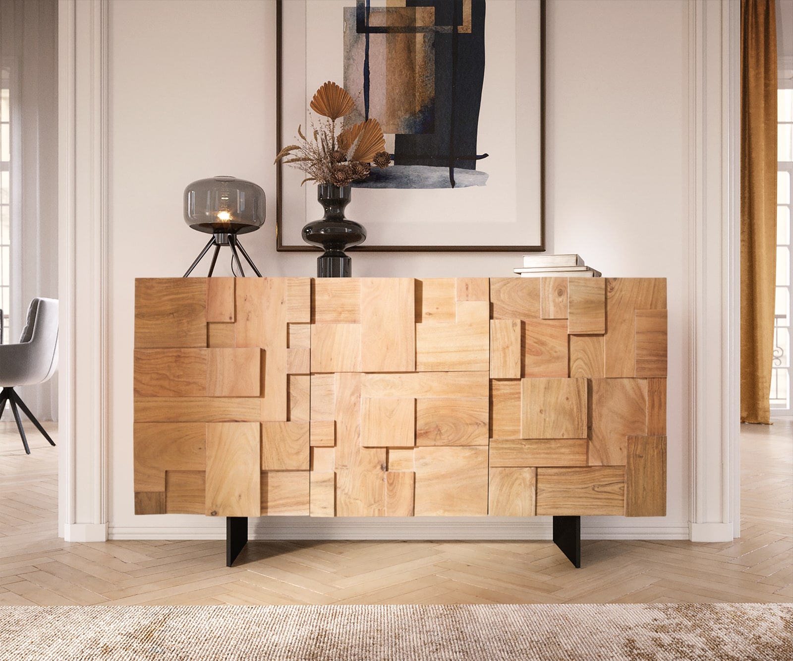 Buffet Puzzle 145 cm acacia naturel pied flottant métal noir 1 Buffet Puzzle 145 cm acacia naturel pied flottant métal noir 1