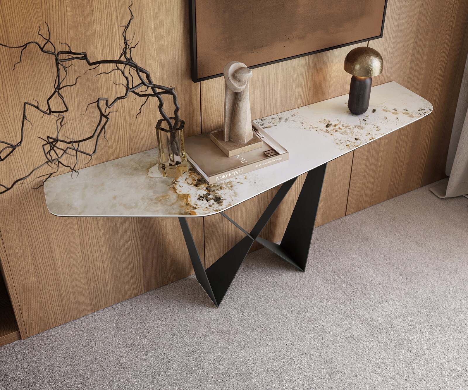Console Edge Polygonal 180x50 cm Céramique Minas Melange Weiß-Beige Spios Métal Noir 1