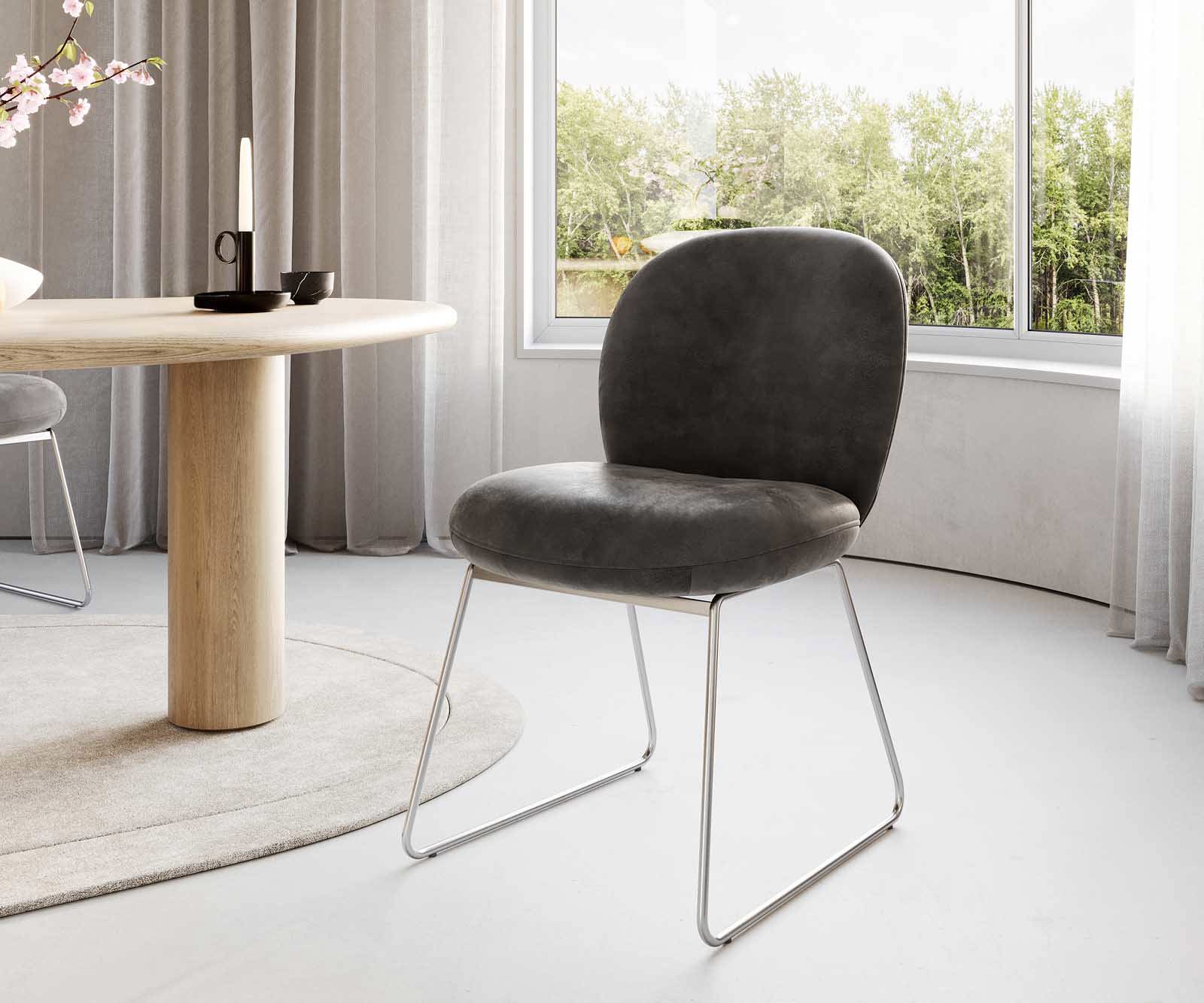 Chaise-de-salle-à-manger Nube-Flex microvelours anthracite vintage pied trapèze acier inoxydable brossé ressorts ensachés