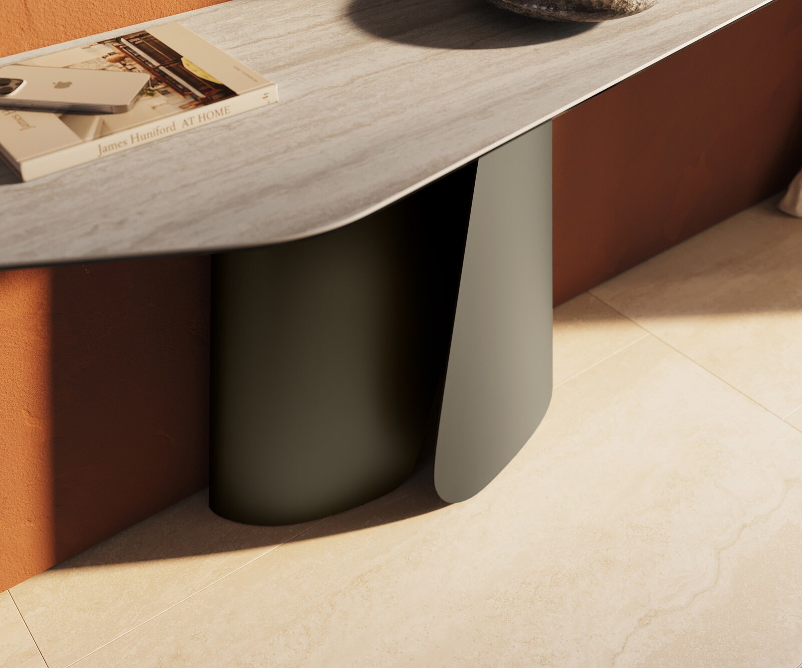 Console Edge Polygonal 180x50 cm Céramique Laminam® Travertino Bianco Creme-Weiß Livos Métal Effektfinish Titan 5