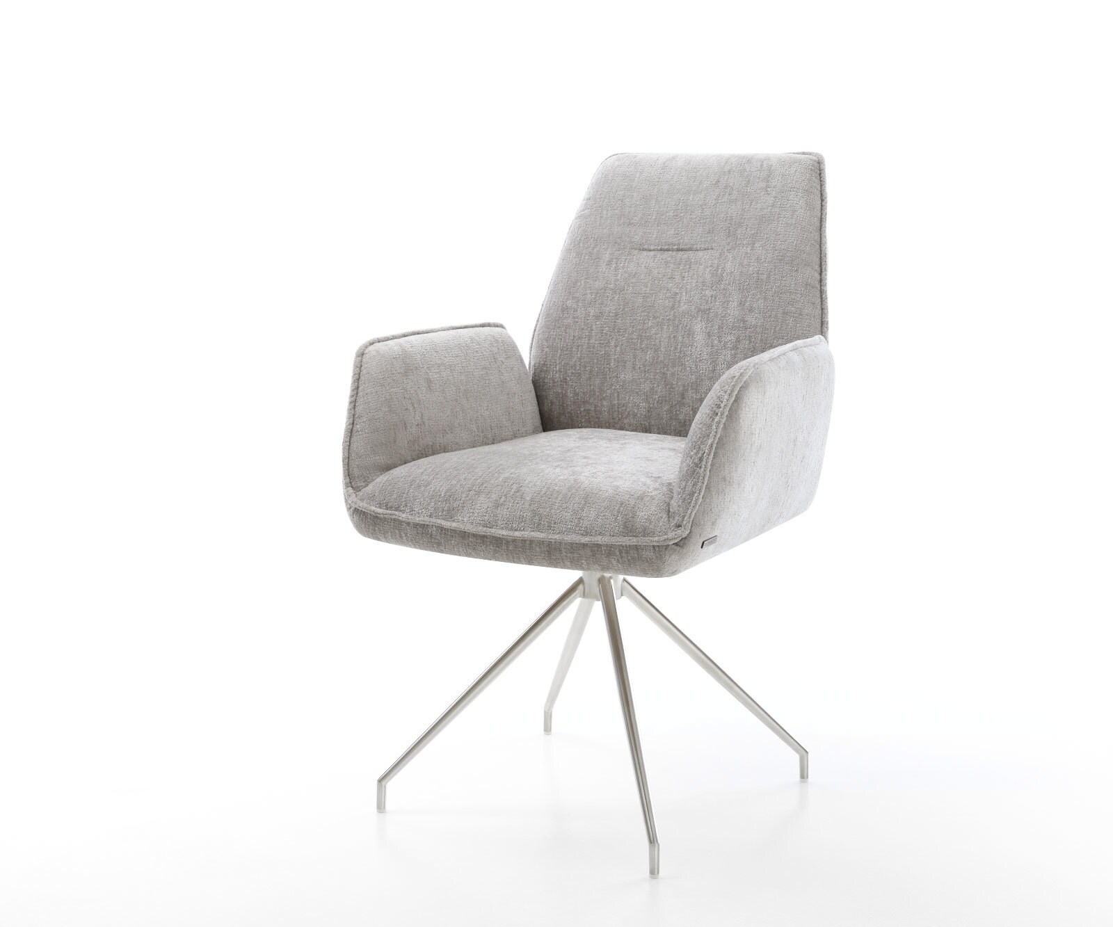 Chaise-pivotante Zoa-Flex chenille gris argenté pied croisé conique acier inoxydable brossé pivotement sur 180° ressorts ensachés