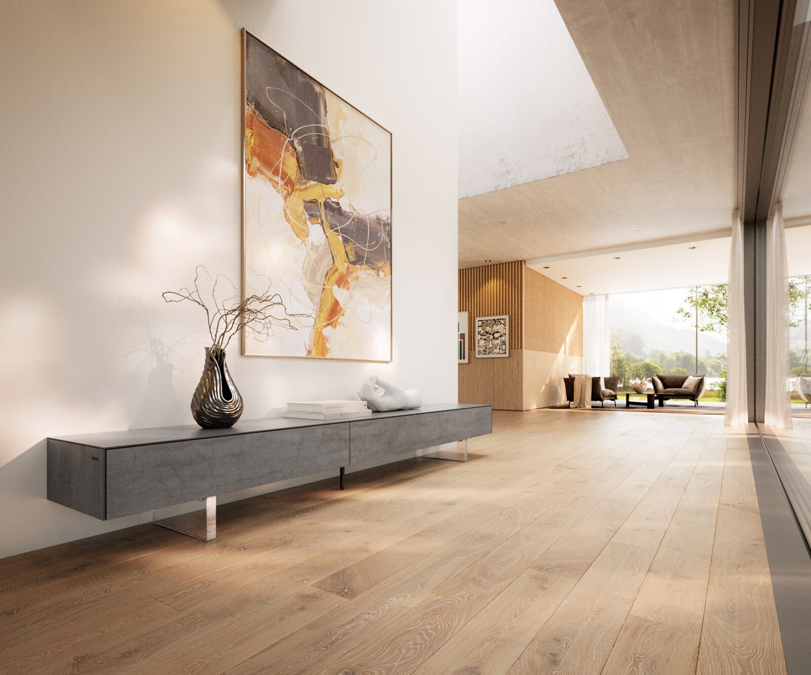 Meuble-TV Cuor 250 cm Céramique Béton gris 1 Clapet 1 Tiroir Pied optique flottant Verre acrylique 1