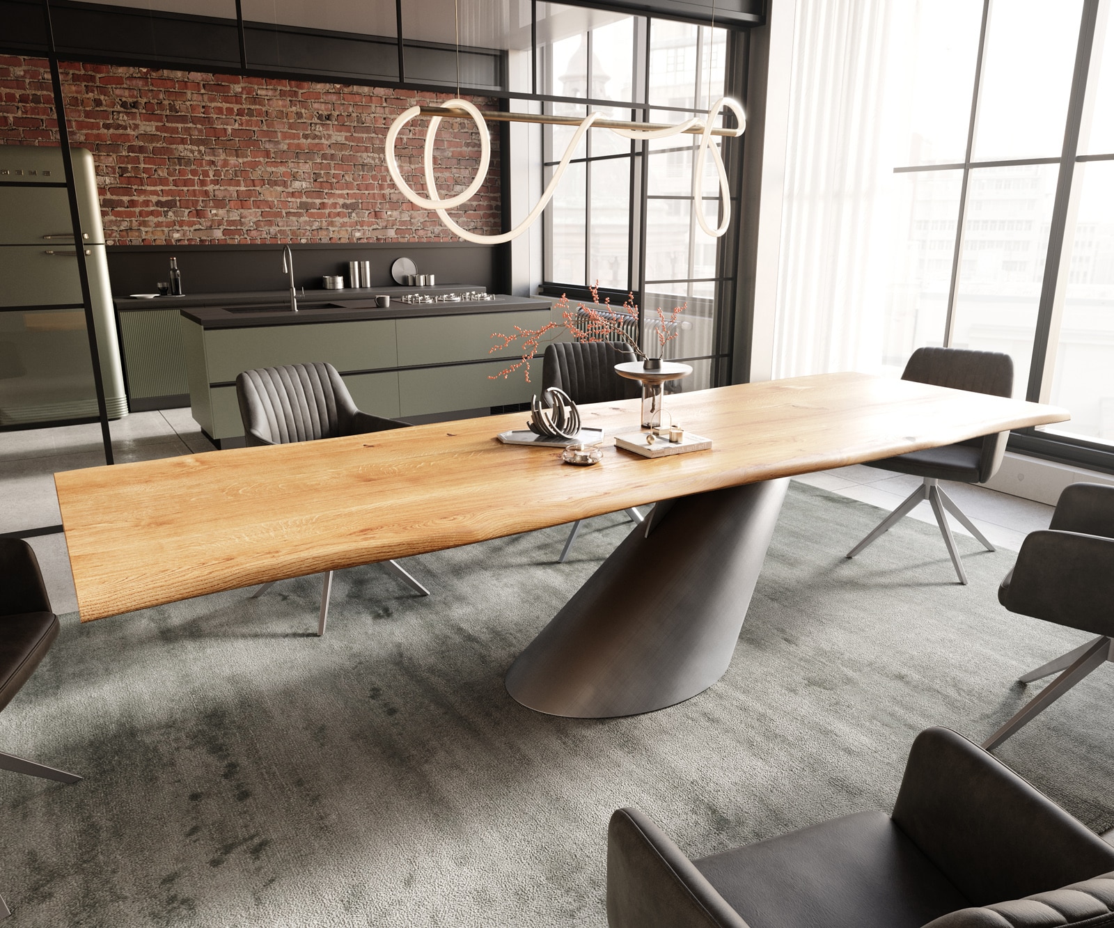 Table à manger Edge 300x100x4 chêne naturee Cono métallique argent Live-Edge