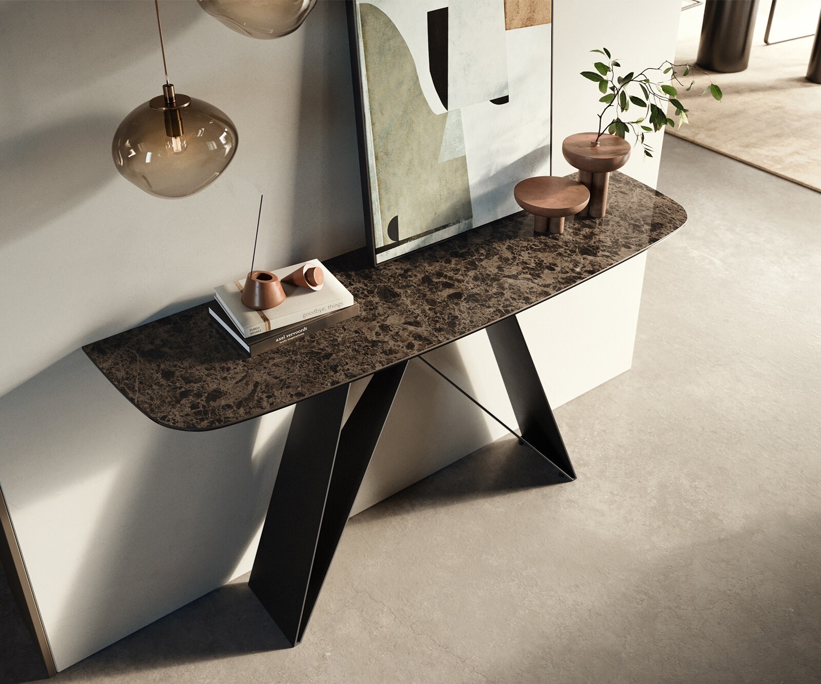 Console Edge forme bateau 140x40 cm Céramique Emperador Extra Lucidato Dunkelbraun Velio Métal Noir 1