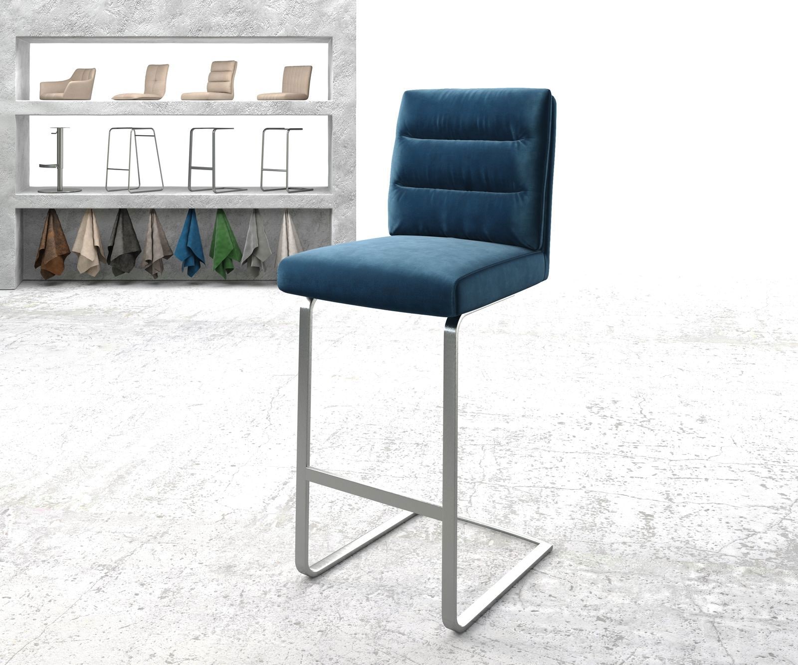 Chaise-de-bar Pela-Flex velours bleu chaise cantilever acier plat inoxydable Chaise-de-bar Pela-Flex velours bleu chaise cantilever acier plat inoxydable