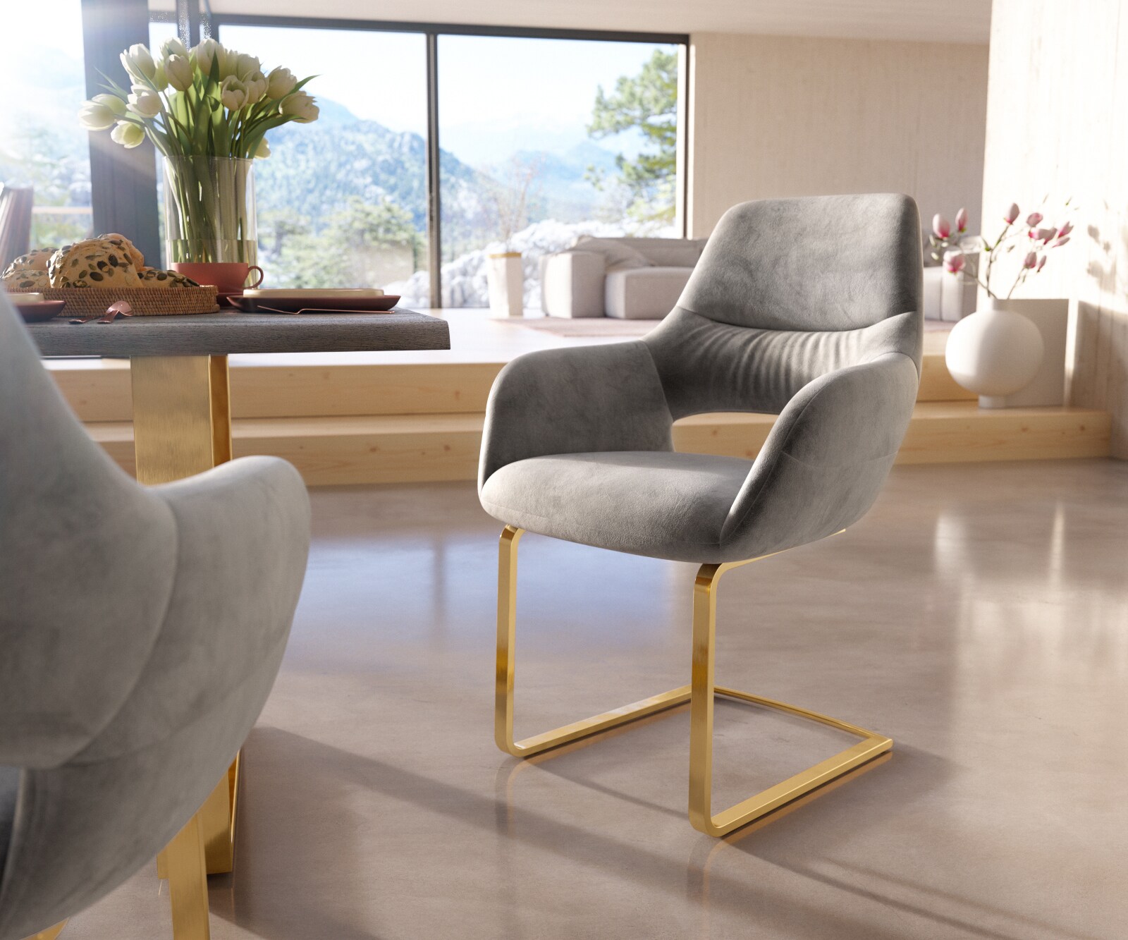 Cantilever Yago-Flex avec accoudoirs velours gris pied cantilever plat or ressorts ensachés