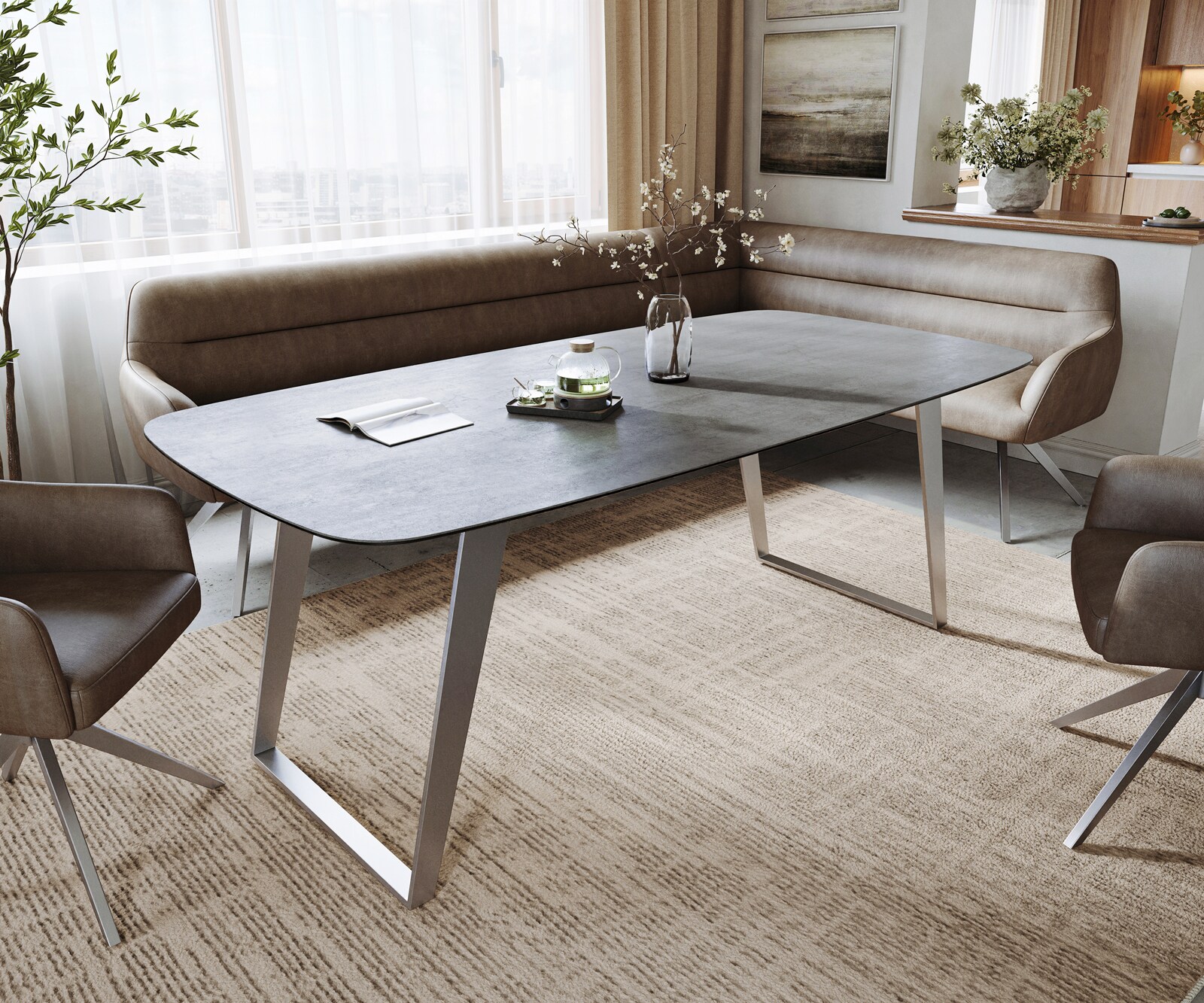 Table à manger Edge bateau 200x100 cm céramique béton gris inox incliné