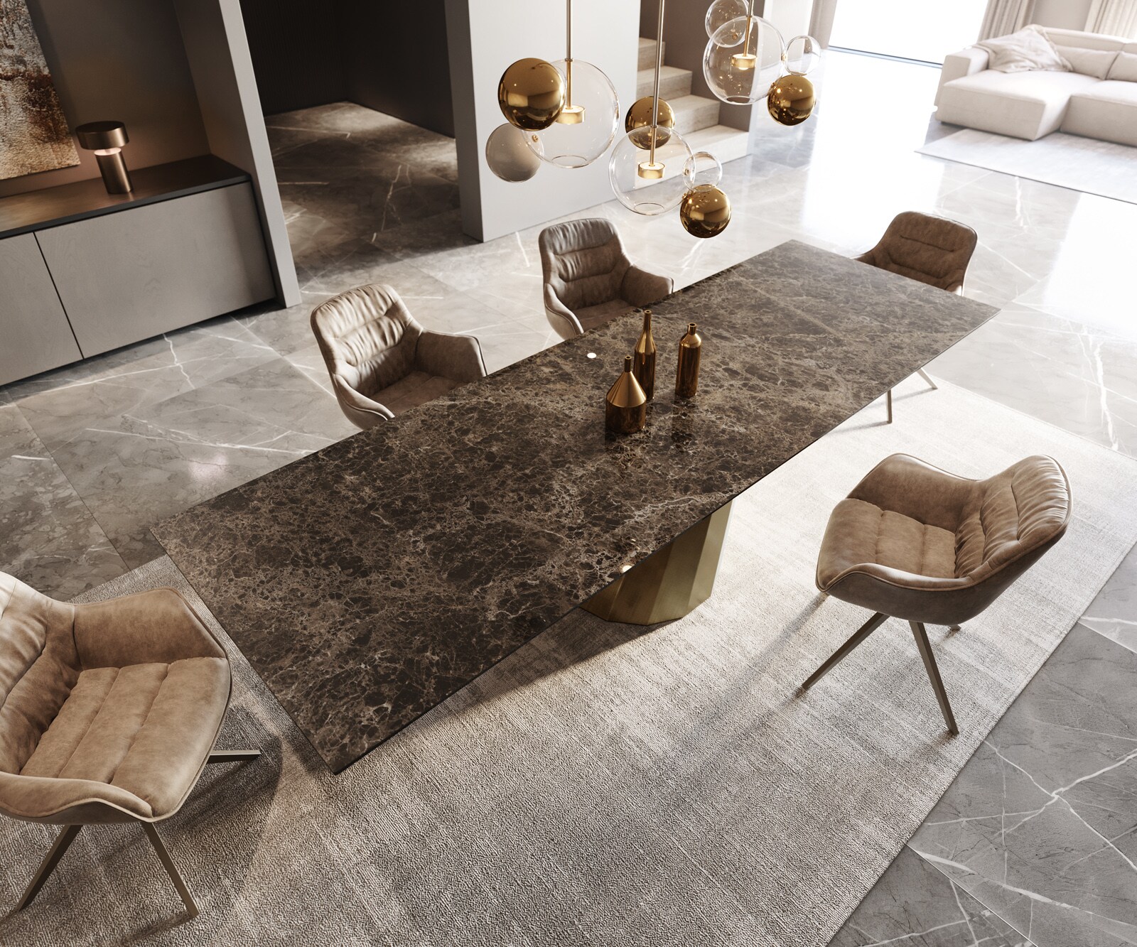 Table à manger Edge 300x100 céramique Laminam® Emperador Extra Lucidato marron foncé parabole métallique doré 4