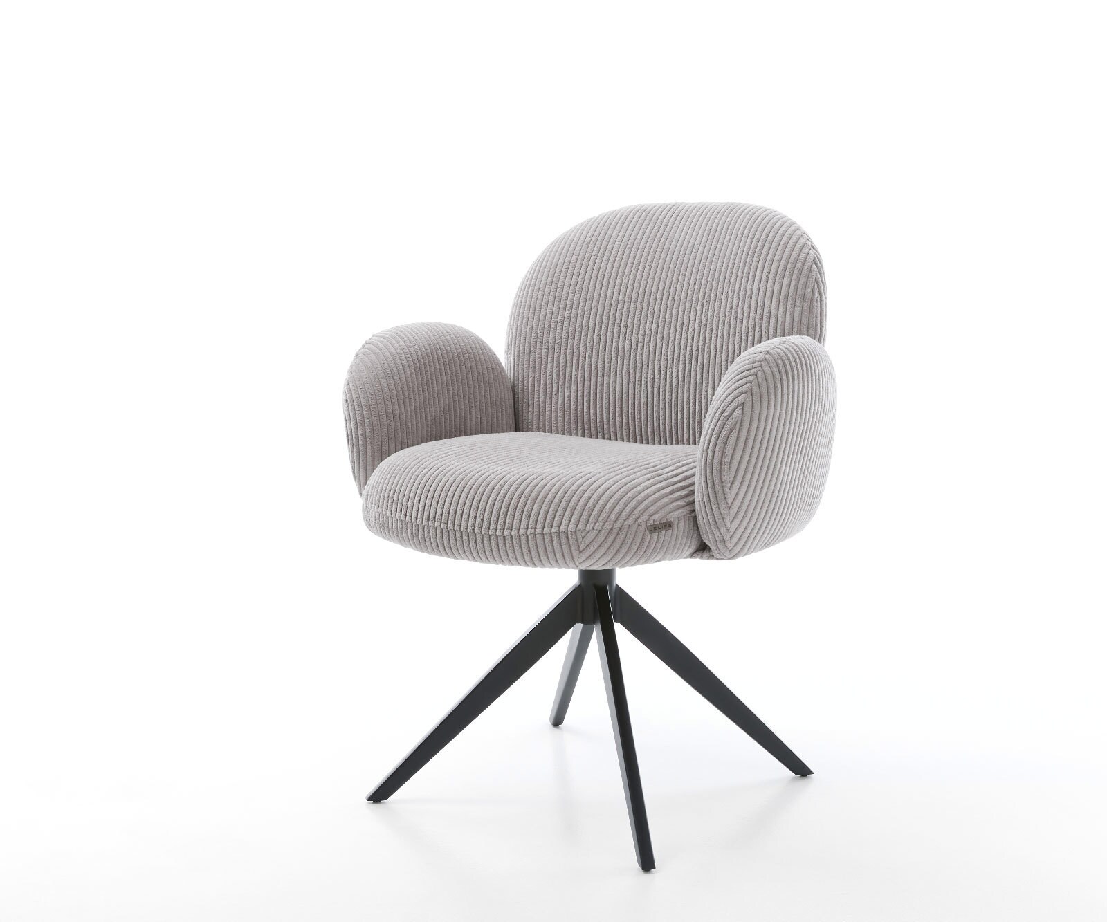 Chaise-pivotante Nube-Flex avec accoudoirs côtelé gris argenté pied croisé large noir pivotement sur 360° ressorts ensachés