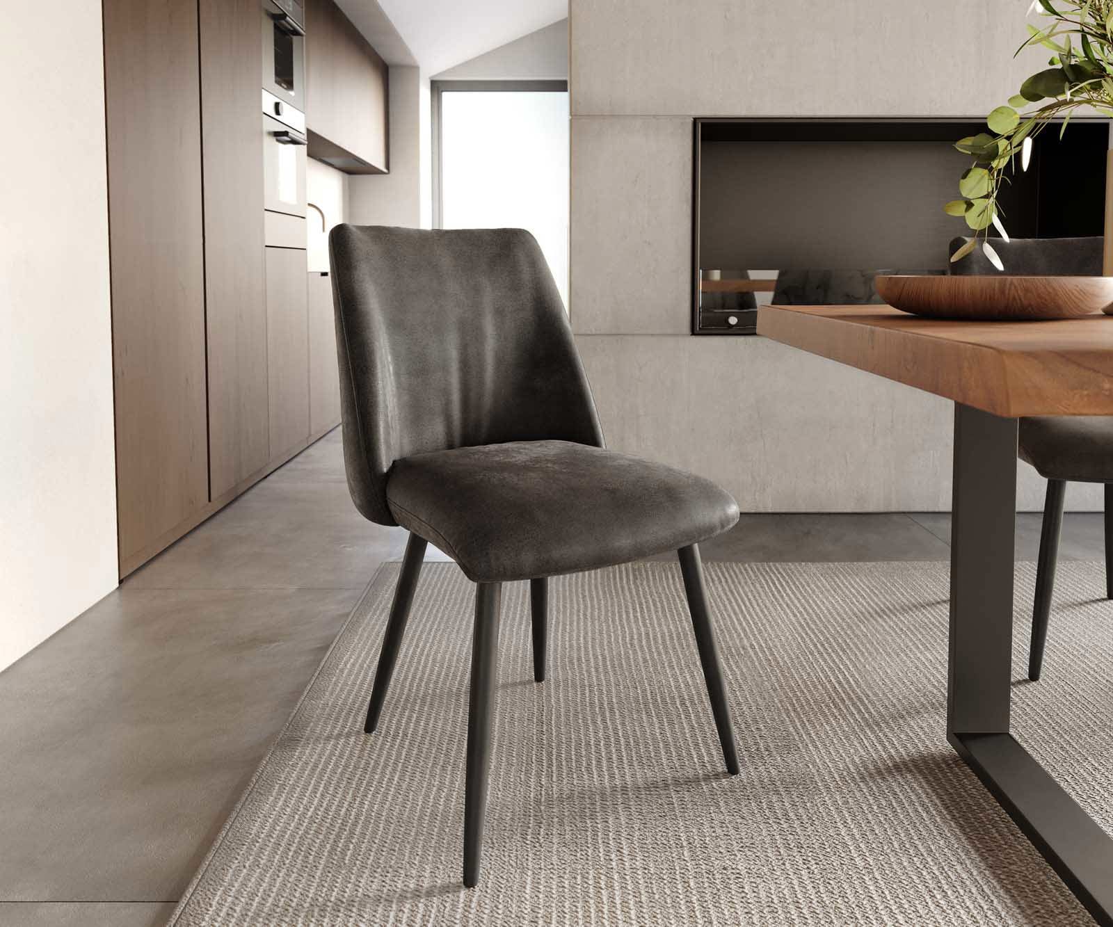 Chaise-de-salle-à-manger Elso-Flex microvelours anthracite vintage 4 pieds coniques noir ressorts ensachés Chaise-de-salle-à-manger Elso-Flex microvelours anthracite vintage 4 pieds coniques noir ressorts ensachés