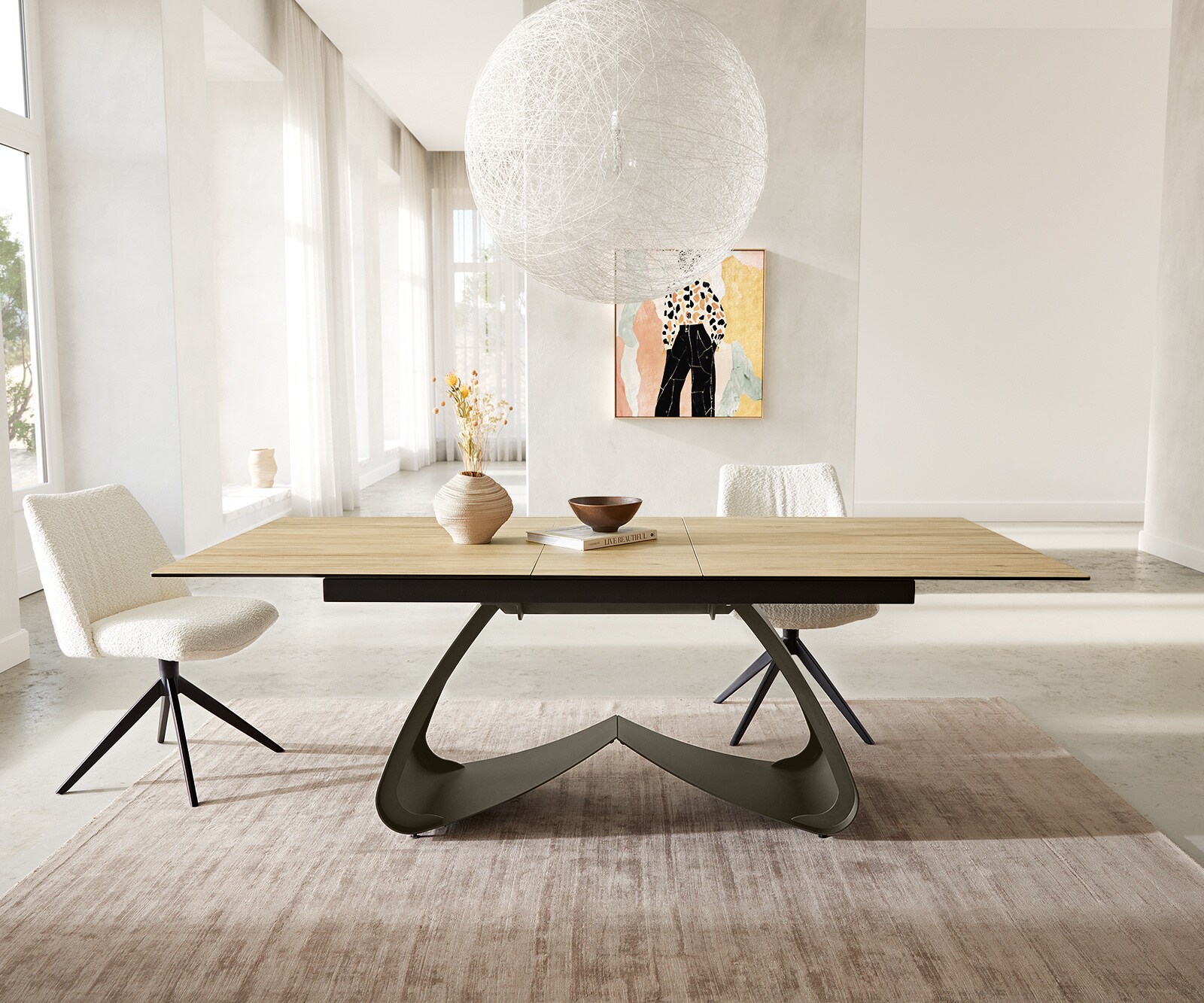 Table à manger Edge 180-220x100 Céramique Laminam® Sabbia Couleur chêne cadre en W Effet Titane Extensible
