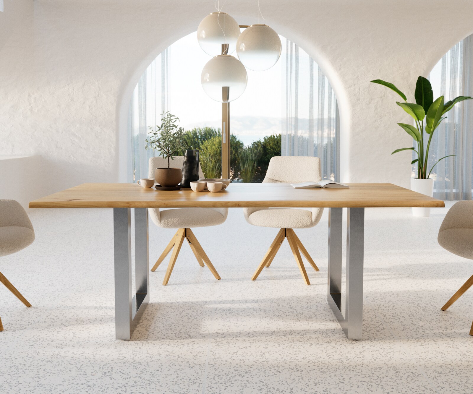Table-à-manger Edge 200x100x2,5-3 chêne nature acier inoxydable large Live-Edge 1
