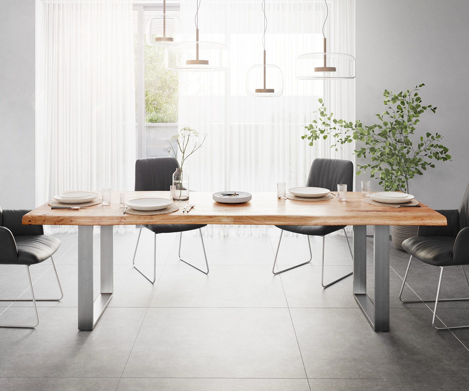 Table-à-manger Edge 260x100 XL acacia nature acier inoxydable mince Live-Edge 1 Table-à-manger Edge 260x100 XL acacia nature acier inoxydable mince Live-Edge 1