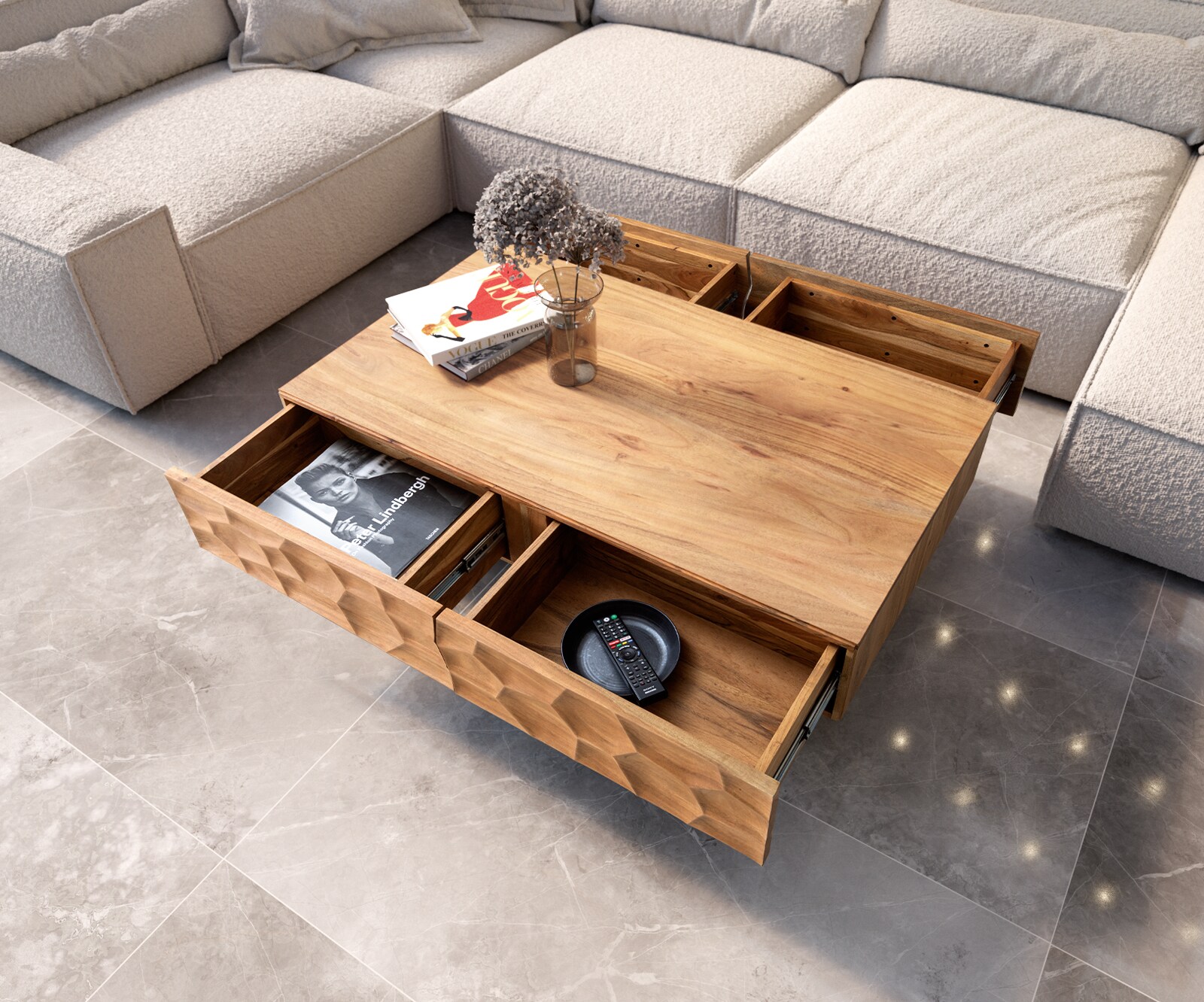 Table-basse Solu 120x70 cm acacia naturel 4 tiroirs pied flottant métal noir façade 3D 3