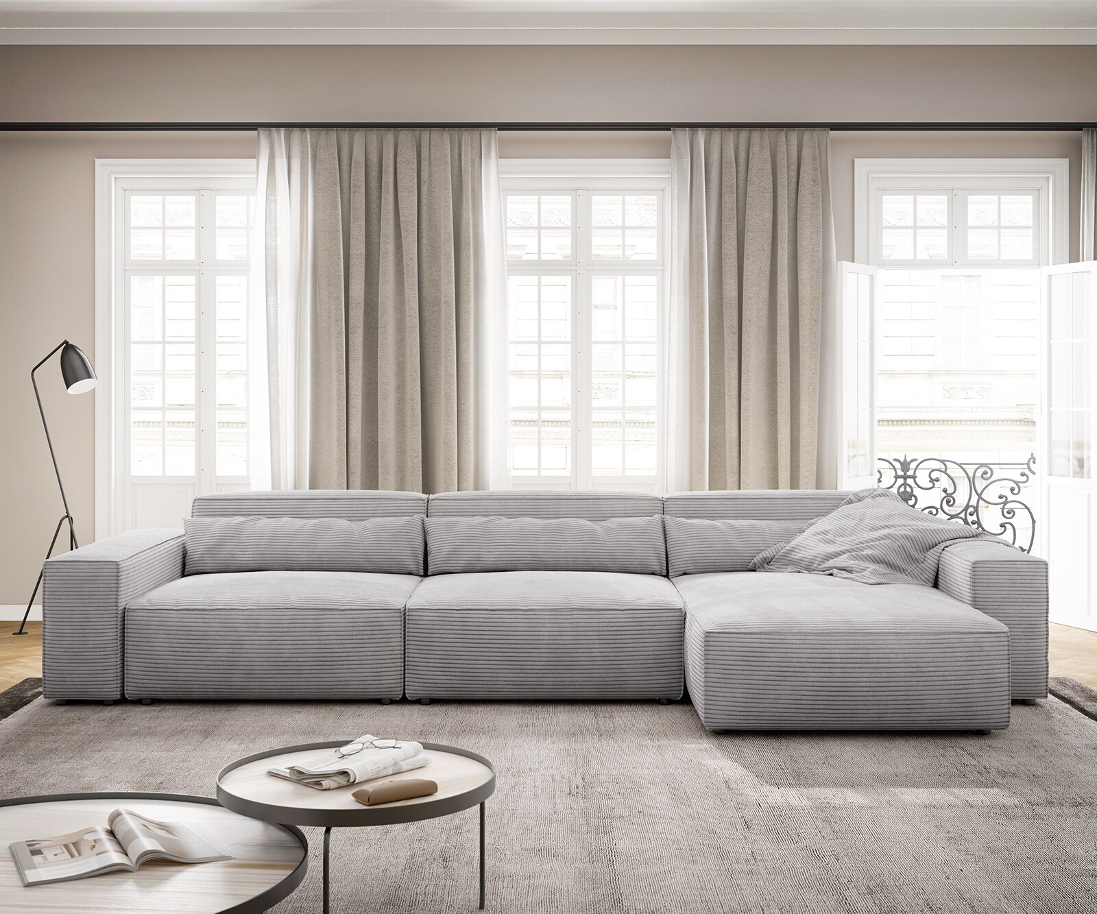 Canapé d'angle Sirpio XL 370x170 cm Velours côtelé Gris argenté Recamiere variable 1