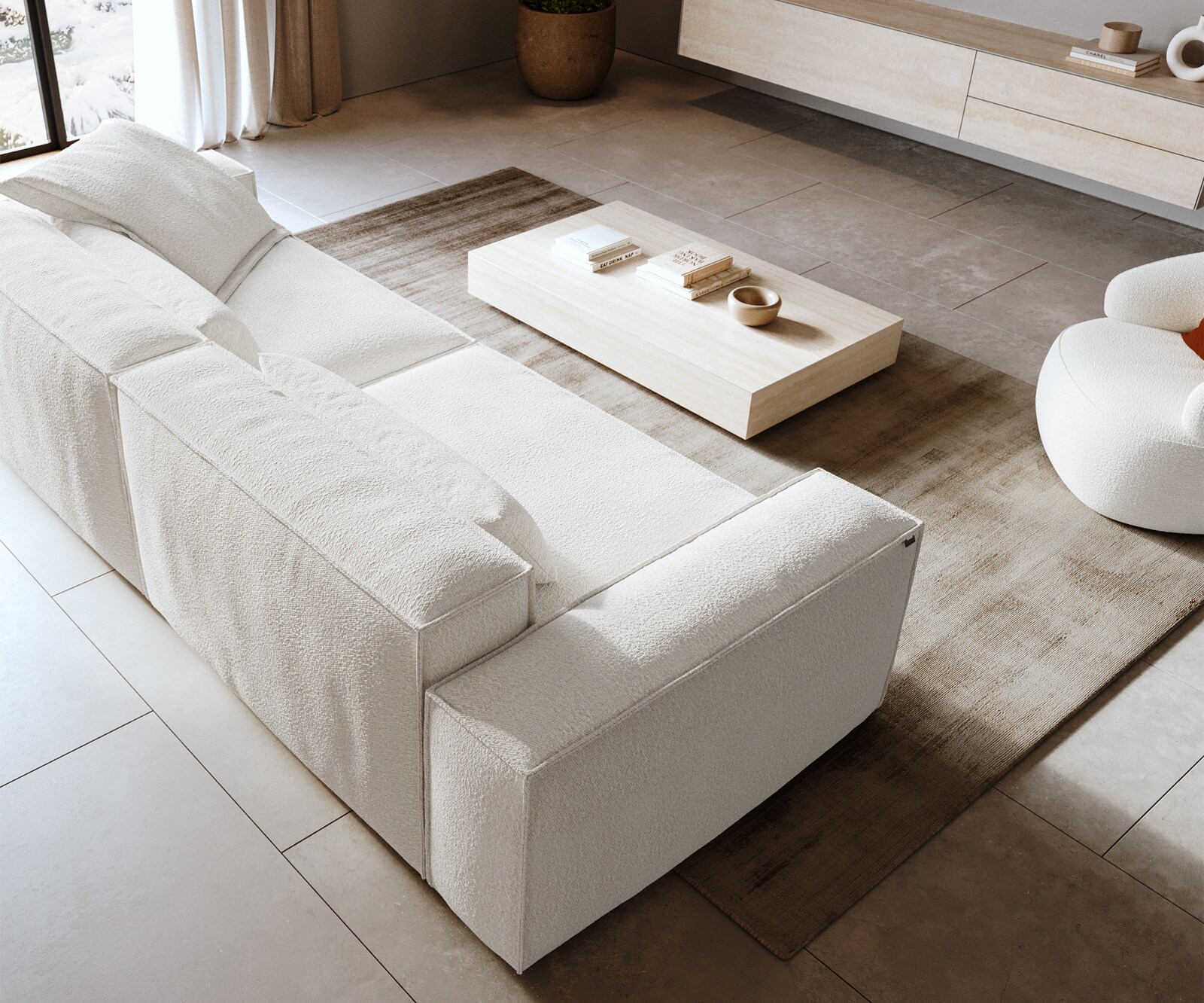 Bigsofa Freestyle 280x110 cm Bouclé Crème-blanc couture passepoilée 3