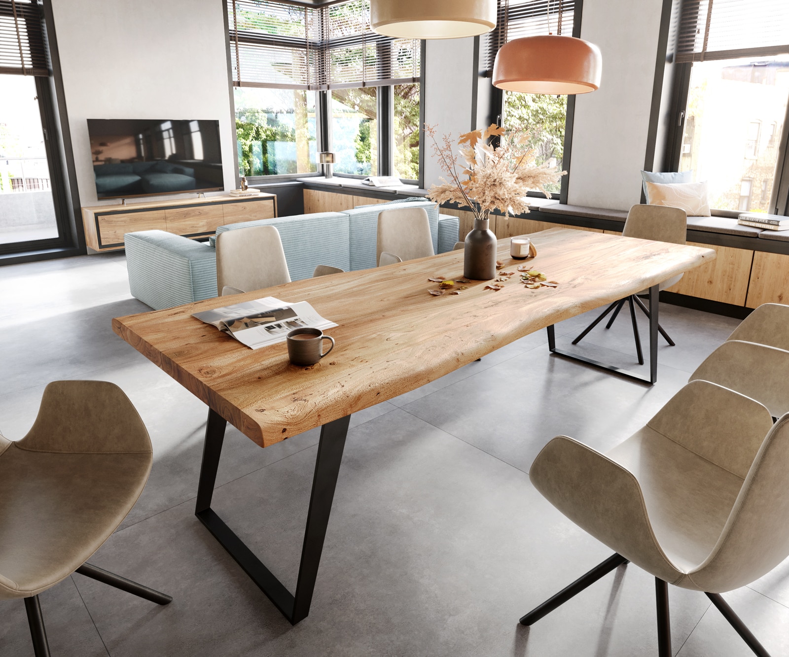 Table-à-manger Edge 260x100 XL acacia nature métal incliné Live-Edge Table-à-manger Edge 260x100 XL acacia nature métal incliné Live-Edge
