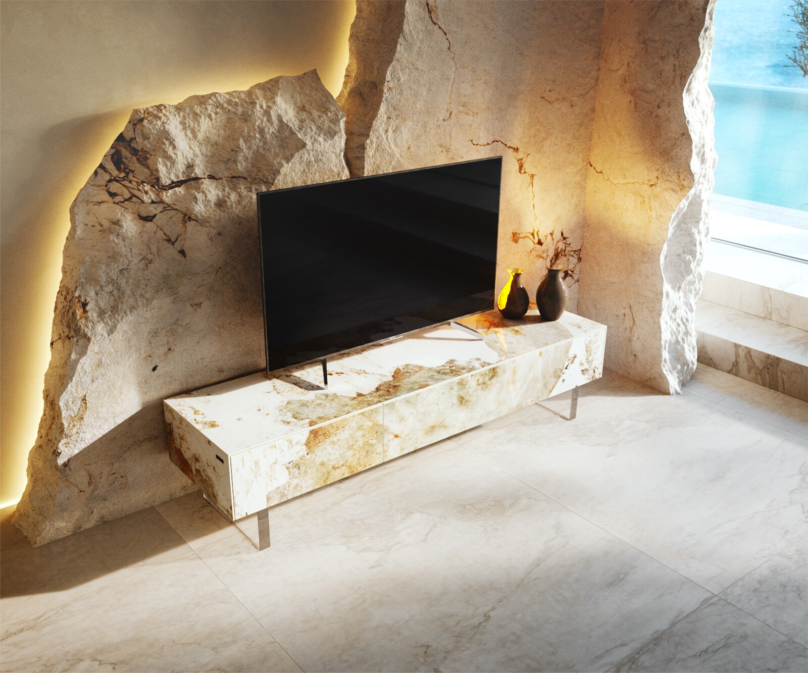 Meuble-TV Cuor 150 cm Céramique Minas Melange Blanc-beige 1 Clapet 1 Tiroir Pied optique flottant Verre acrylique 3