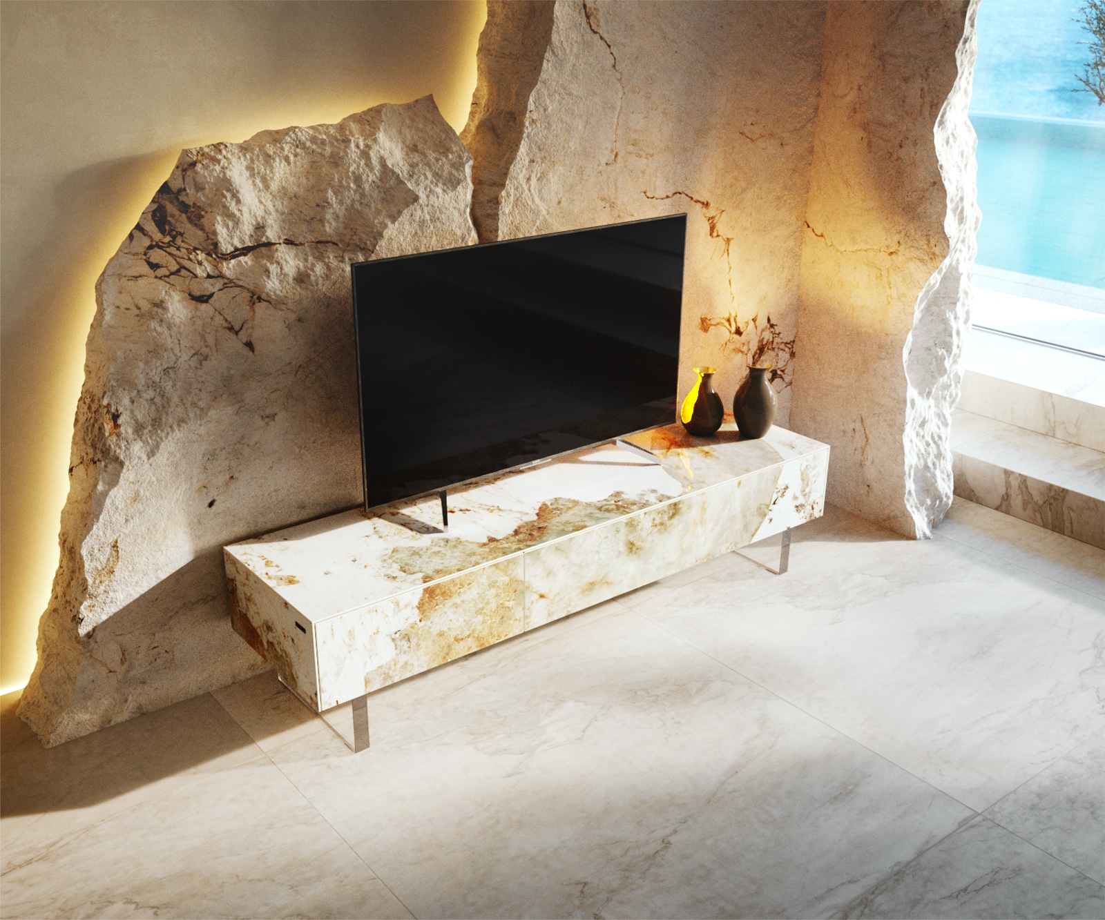Meuble-TV Cuor 150 cm Céramique Minas Melange Blanc-beige 1 Clapet 1 Tiroir Pied optique flottant Verre acrylique 3 Meuble-TV Cuor 150 cm Céramique Minas Melange Blanc-beige 1 Clapet 1 Tiroir Pied optique flottant Verre acrylique 3