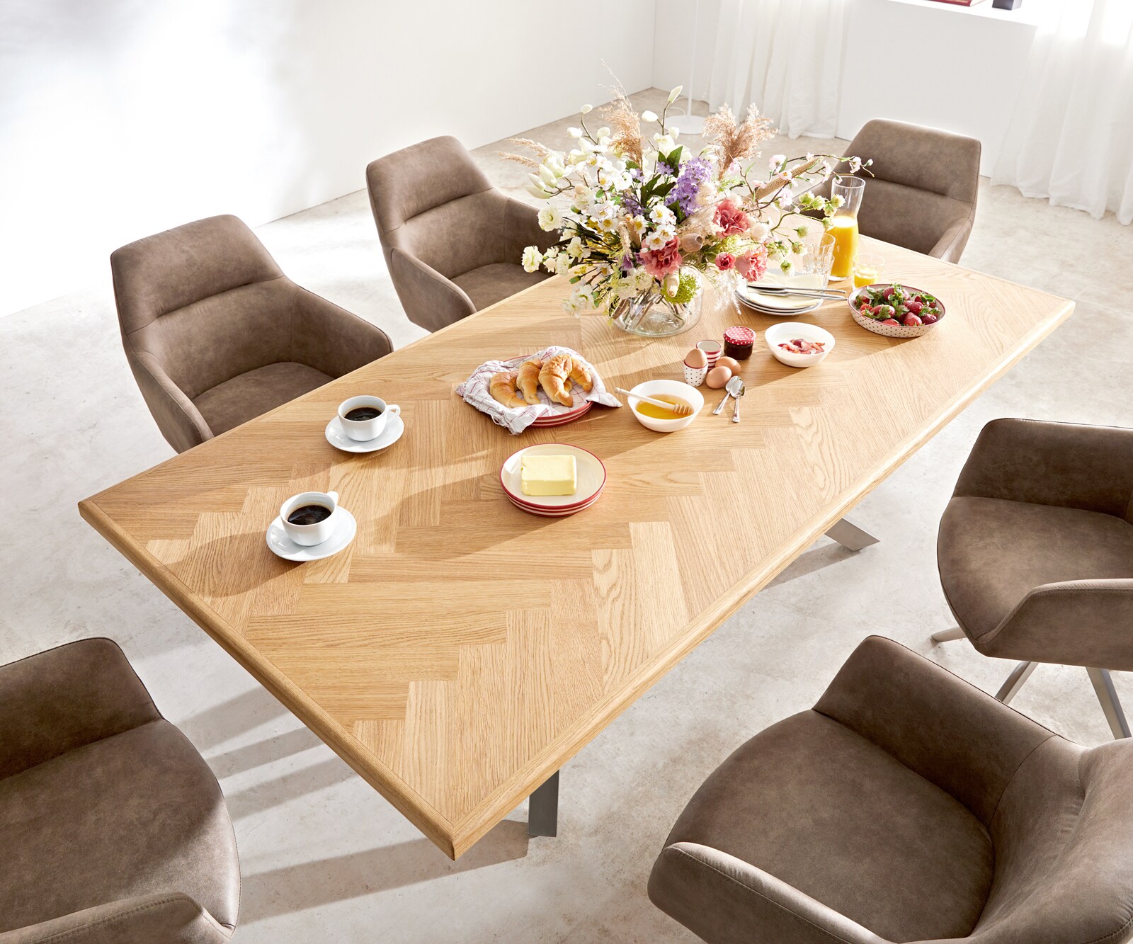 Table à manger Edge-pure 200x100 chêne nature Fishbone cadre croisé rectangle acier inoxydable 4
